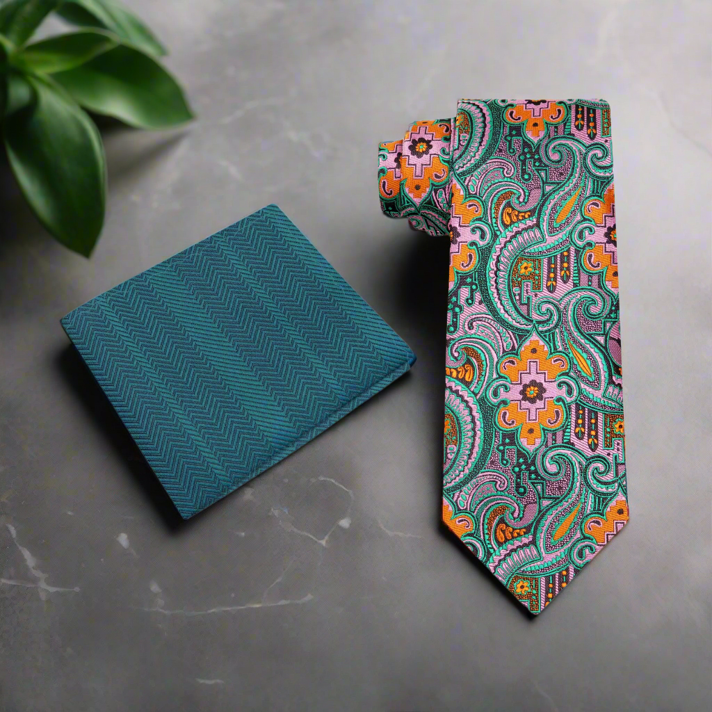 Man wearing a colorful paisley tie at a wedding with a light grey suit