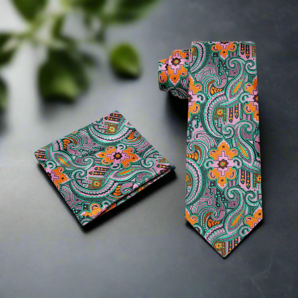 Vibrant paisley silk necktie in green, pink, and orange for creative professionals