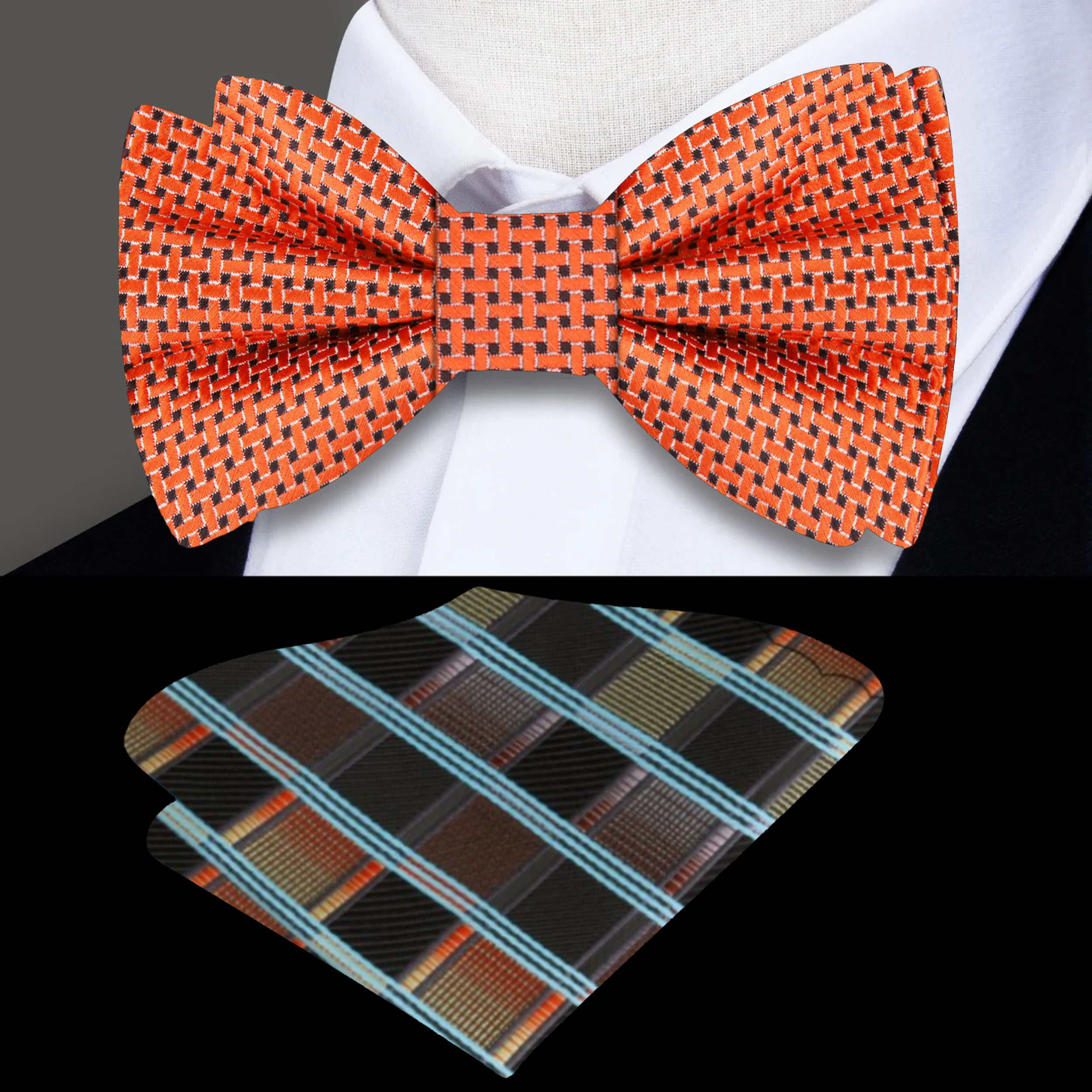 Close-up of the brown geometric bow tie with pocket square, highlighting the intricate silk pattern.