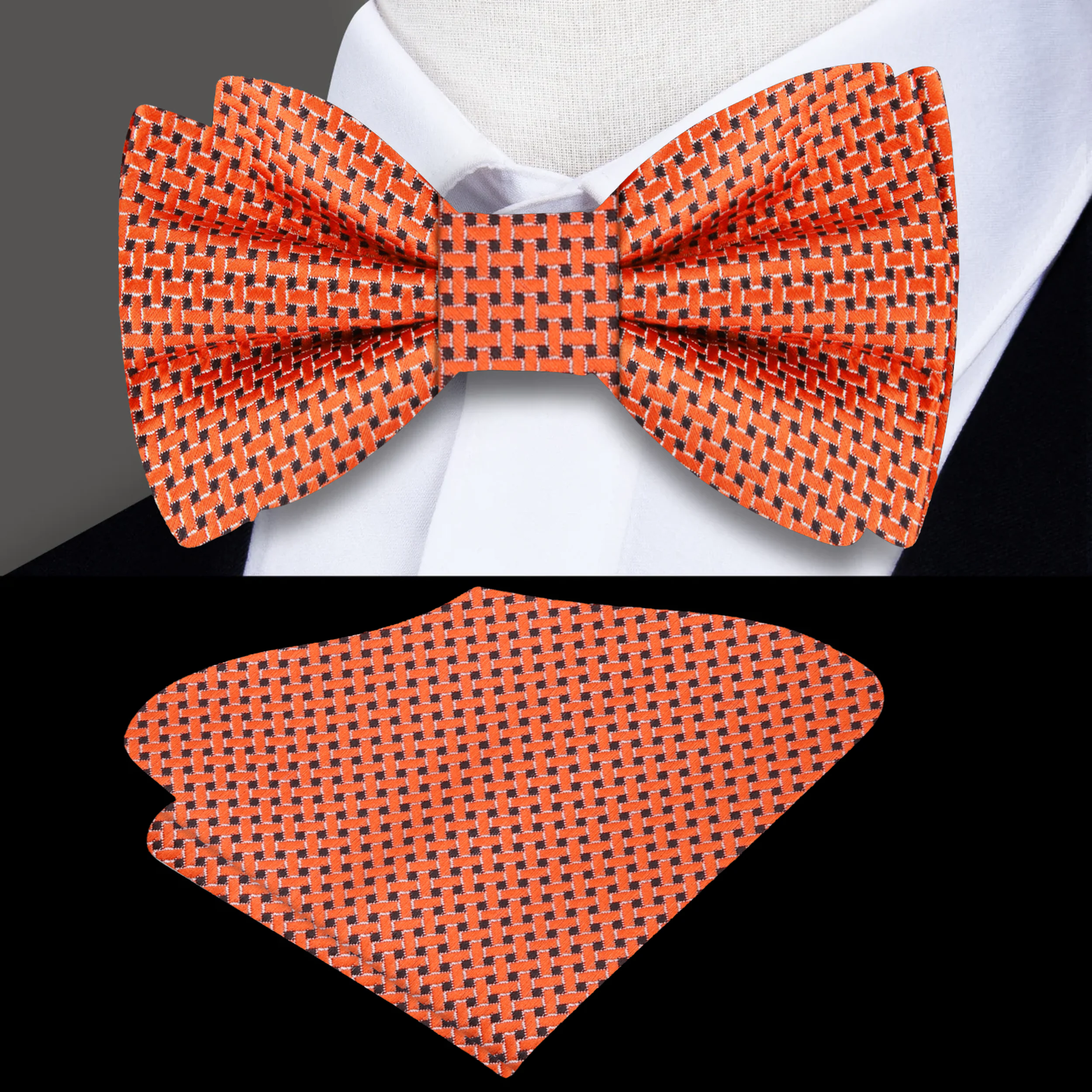 Model wearing the orange silk geometric bow tie at a wedding, showcasing its elegant design.