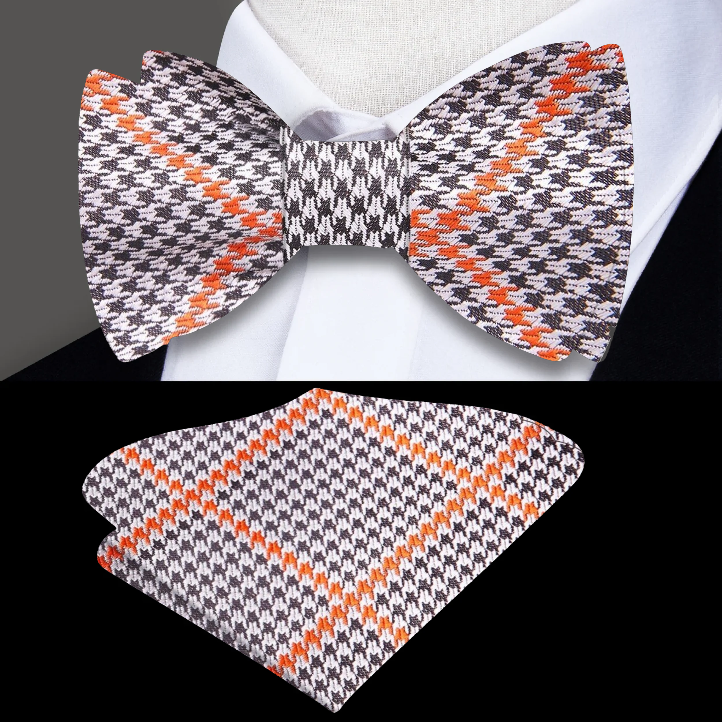 Close-up of brown and orange houndstooth bow tie against a white shirt