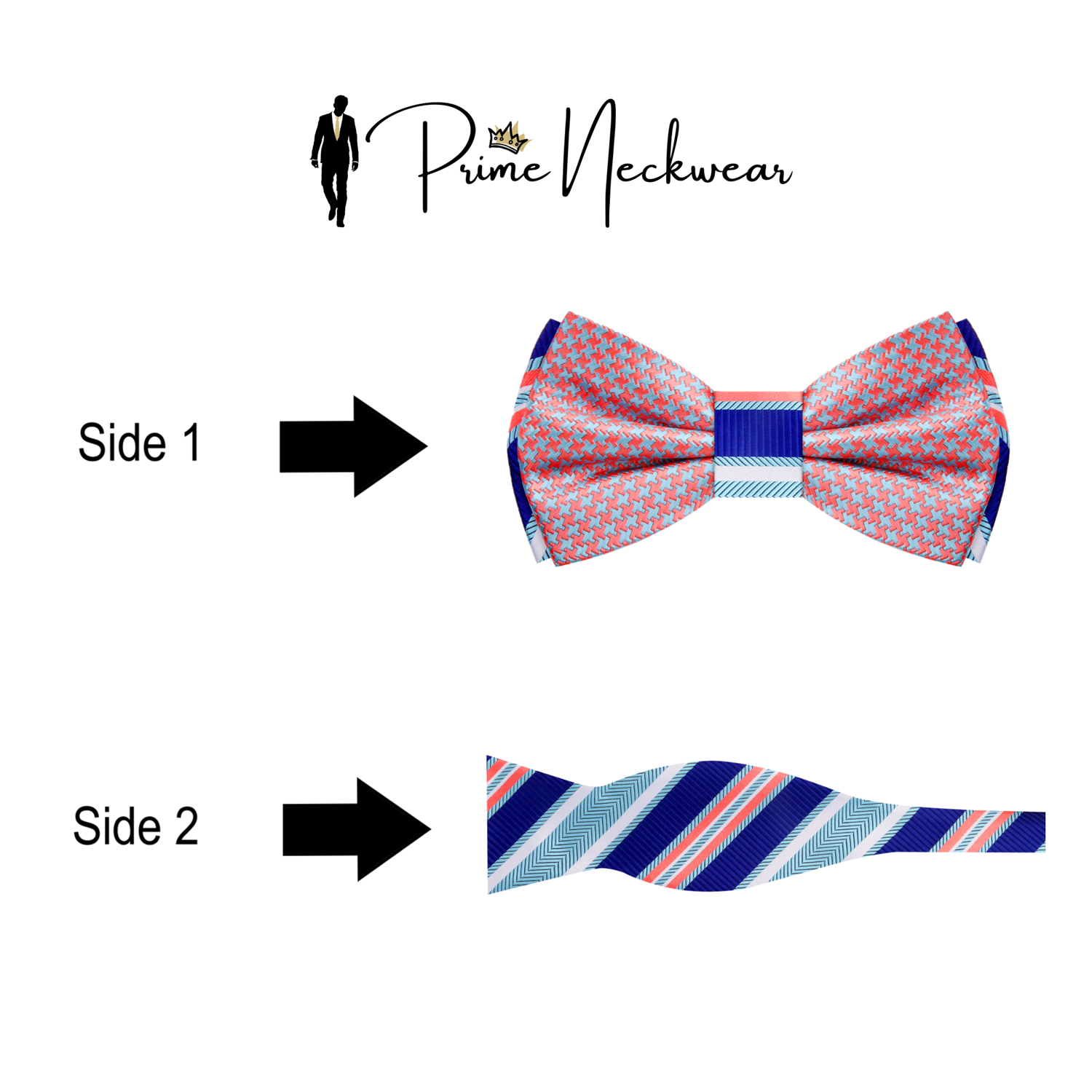 Close-up of the double sided silk bow tie showing houndstooth and stripe patterns