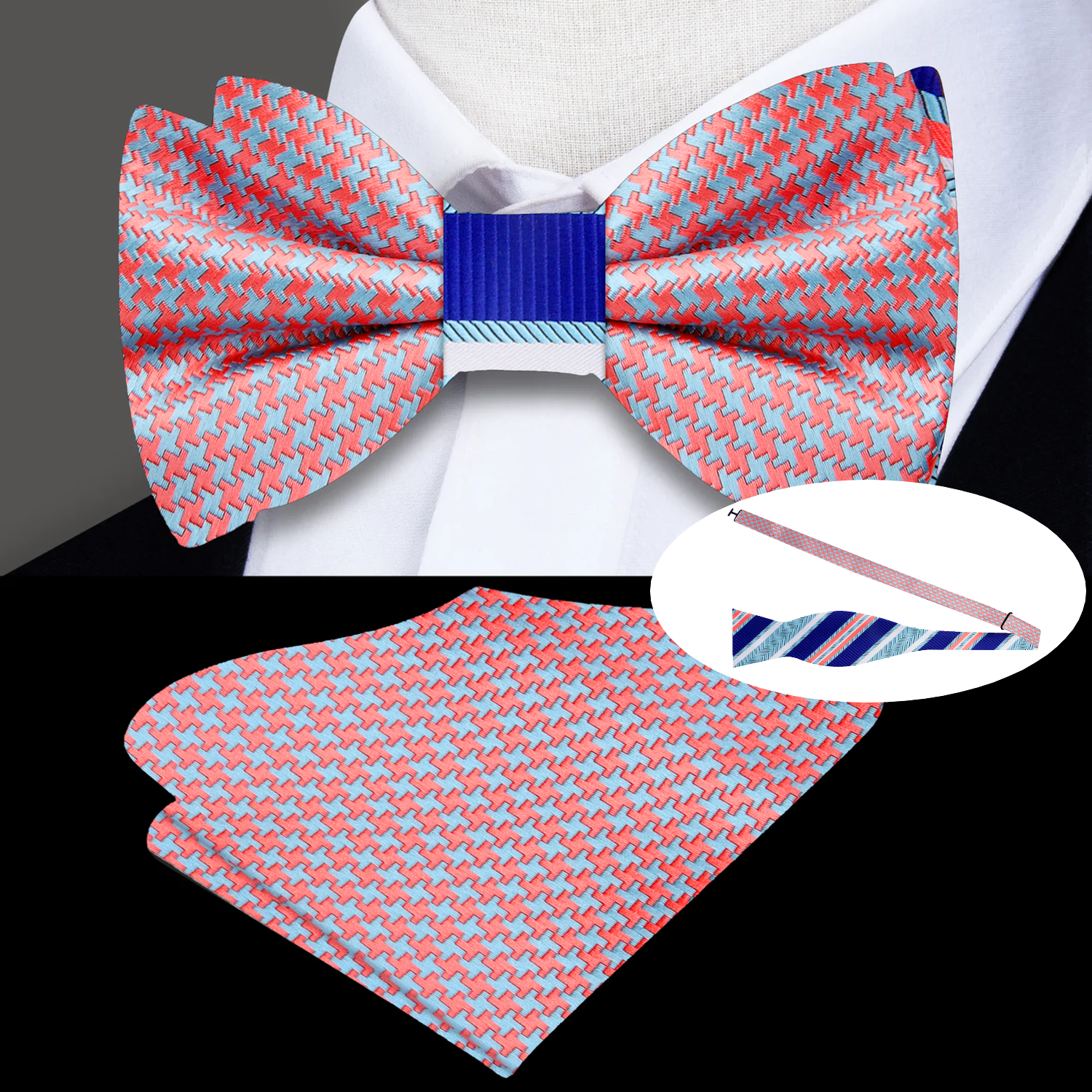 Close-up of the double sided silk bow tie showing houndstooth and stripe patterns