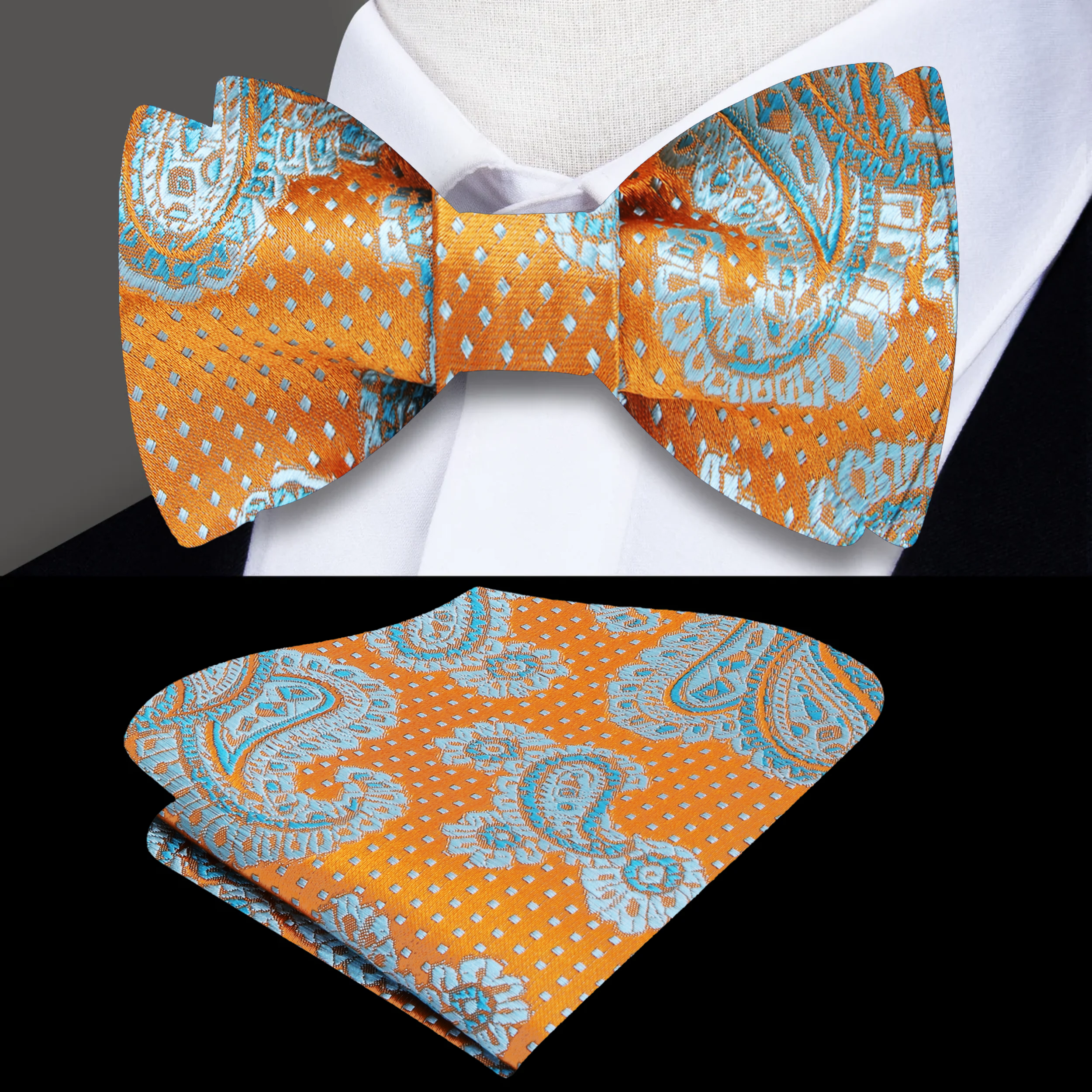 Men wearing a formal paisley bow tie with a white dress shirt