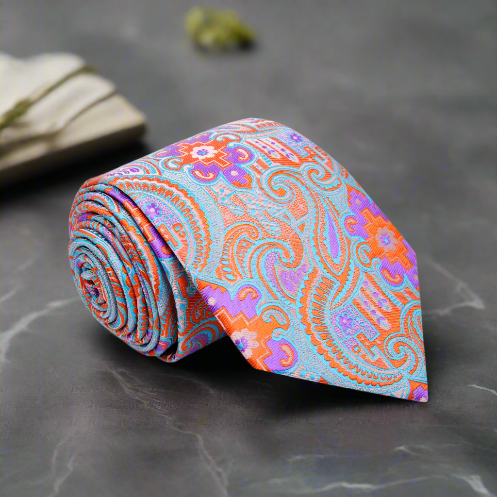 Close-up of vibrant paisley pattern on men's orange and purple necktie