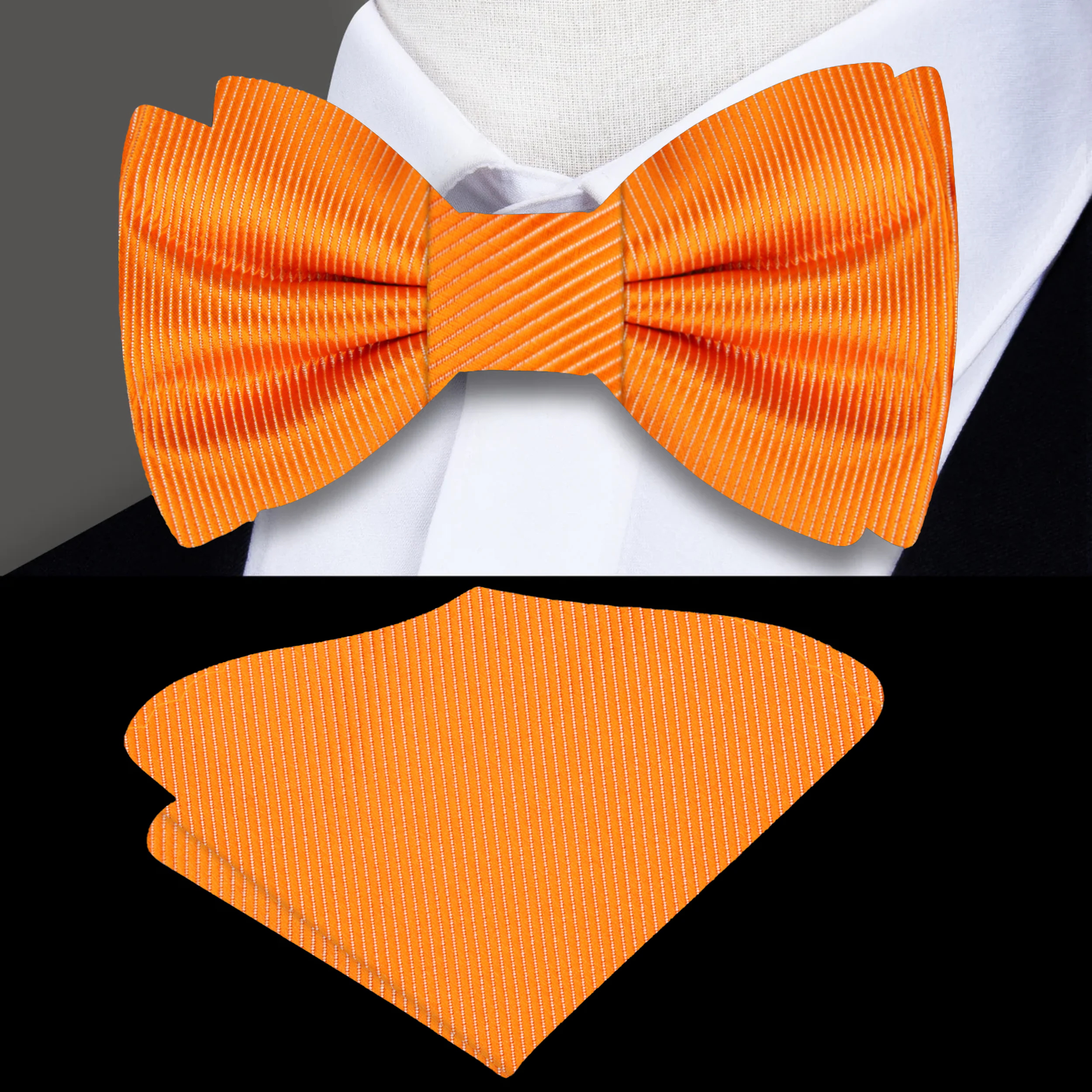 Close-up of a vibrant orange silk bow tie on a white shirt for men's fashion