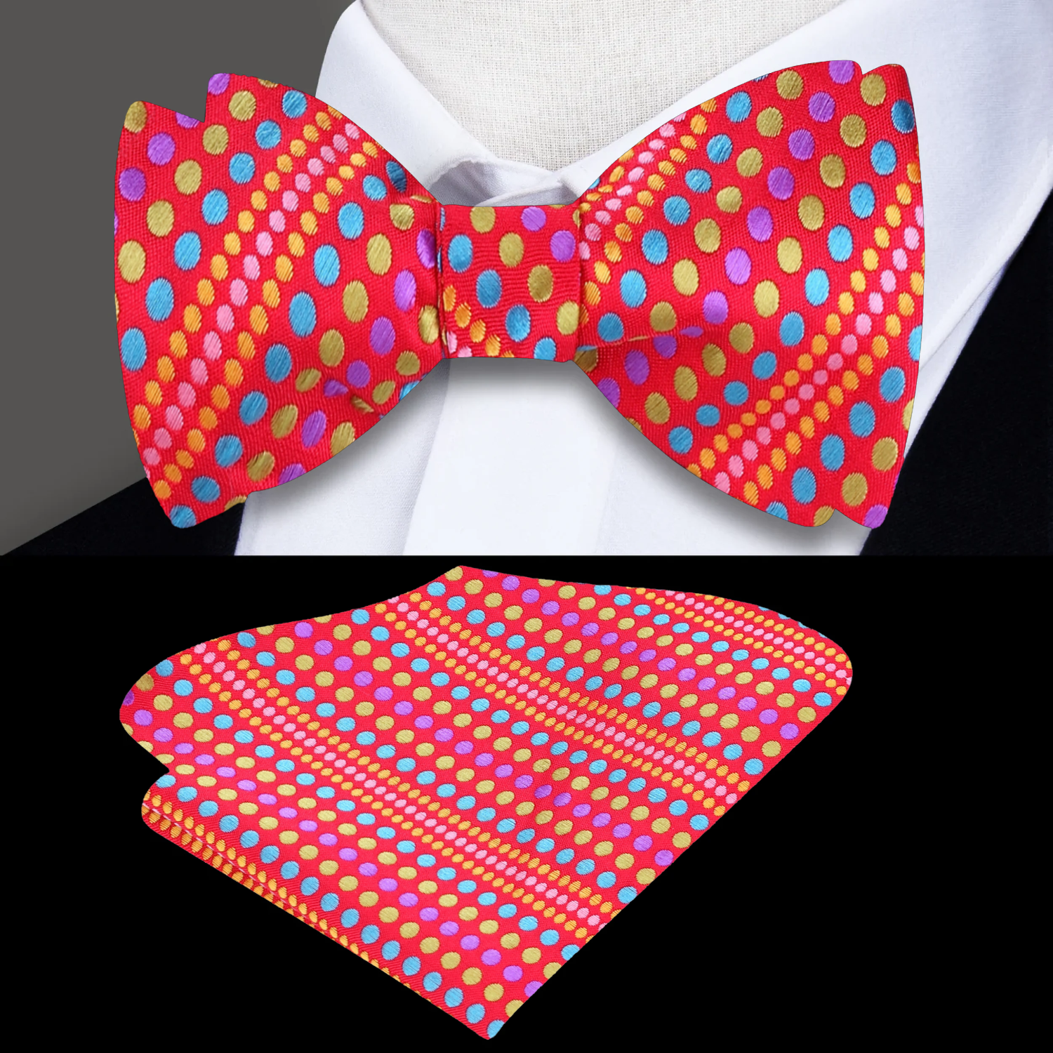 Fashionable polka dot silk bow tie paired with a gray suit for a sophisticated look