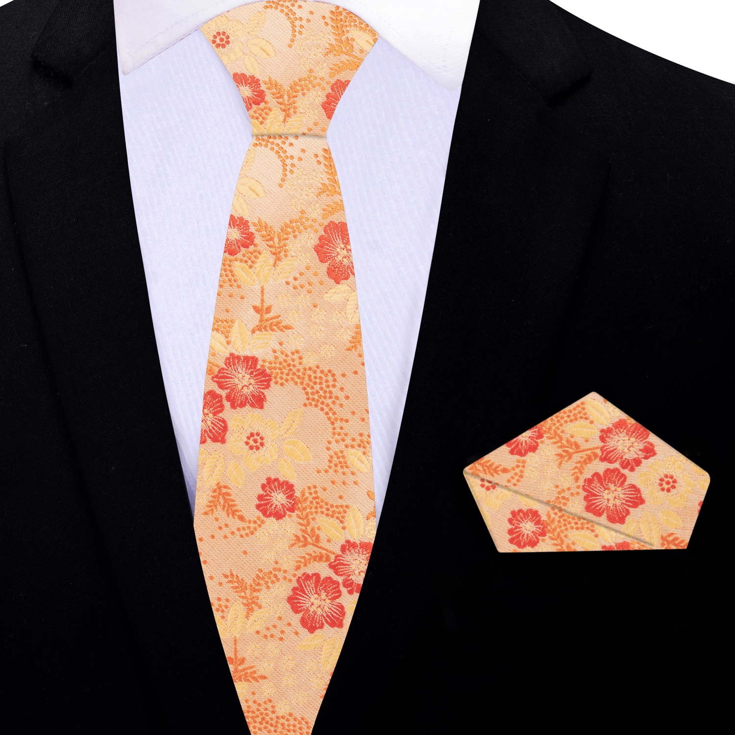 Close-up of the floral design on the silk tie, emphasizing the quality and detail of the fabric.