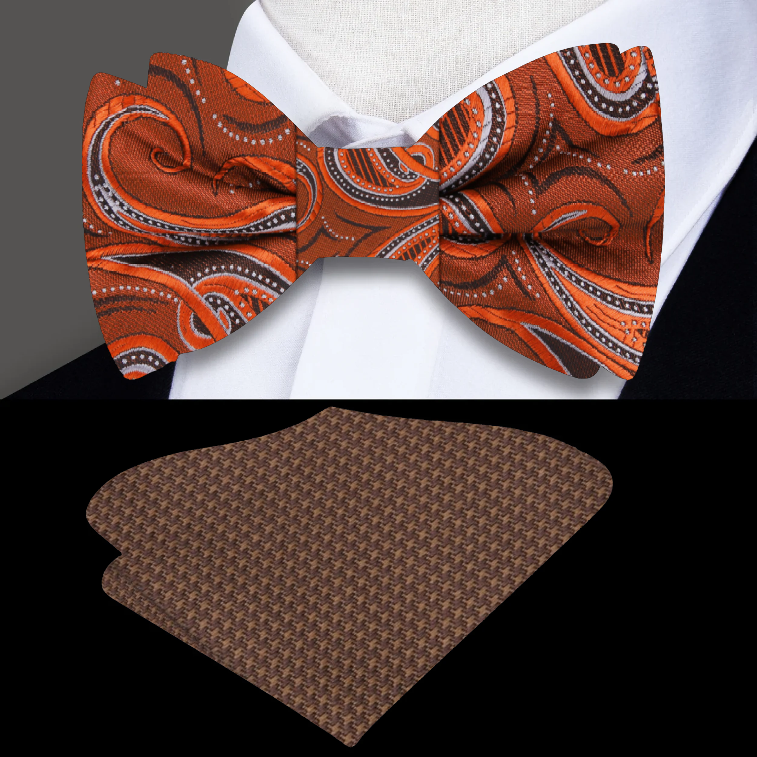 Rust brown paisley silk bow tie with intricate pattern for formal occasions