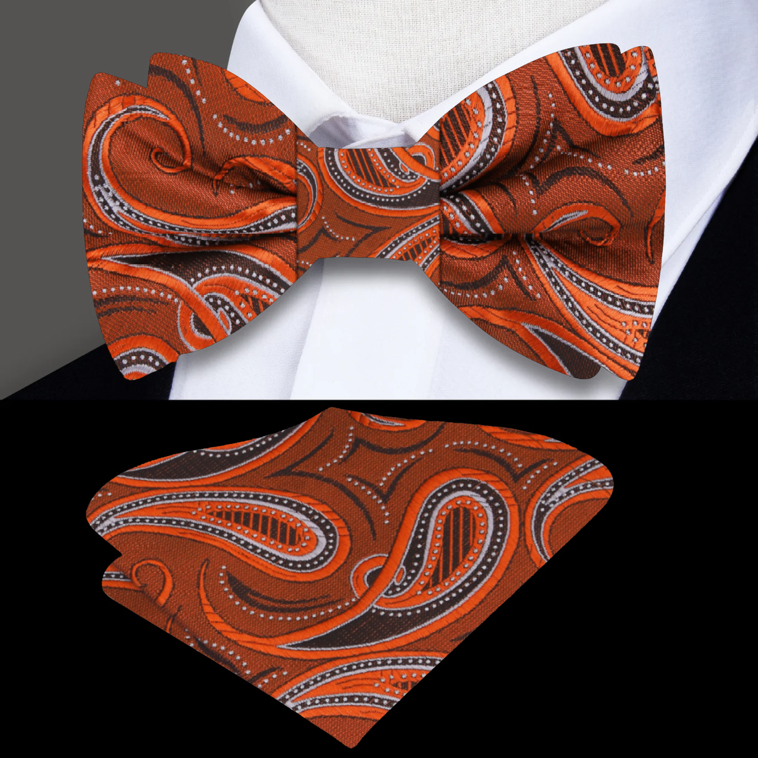 Elegant silk bow tie in rust orange and black for weddings and celebrations