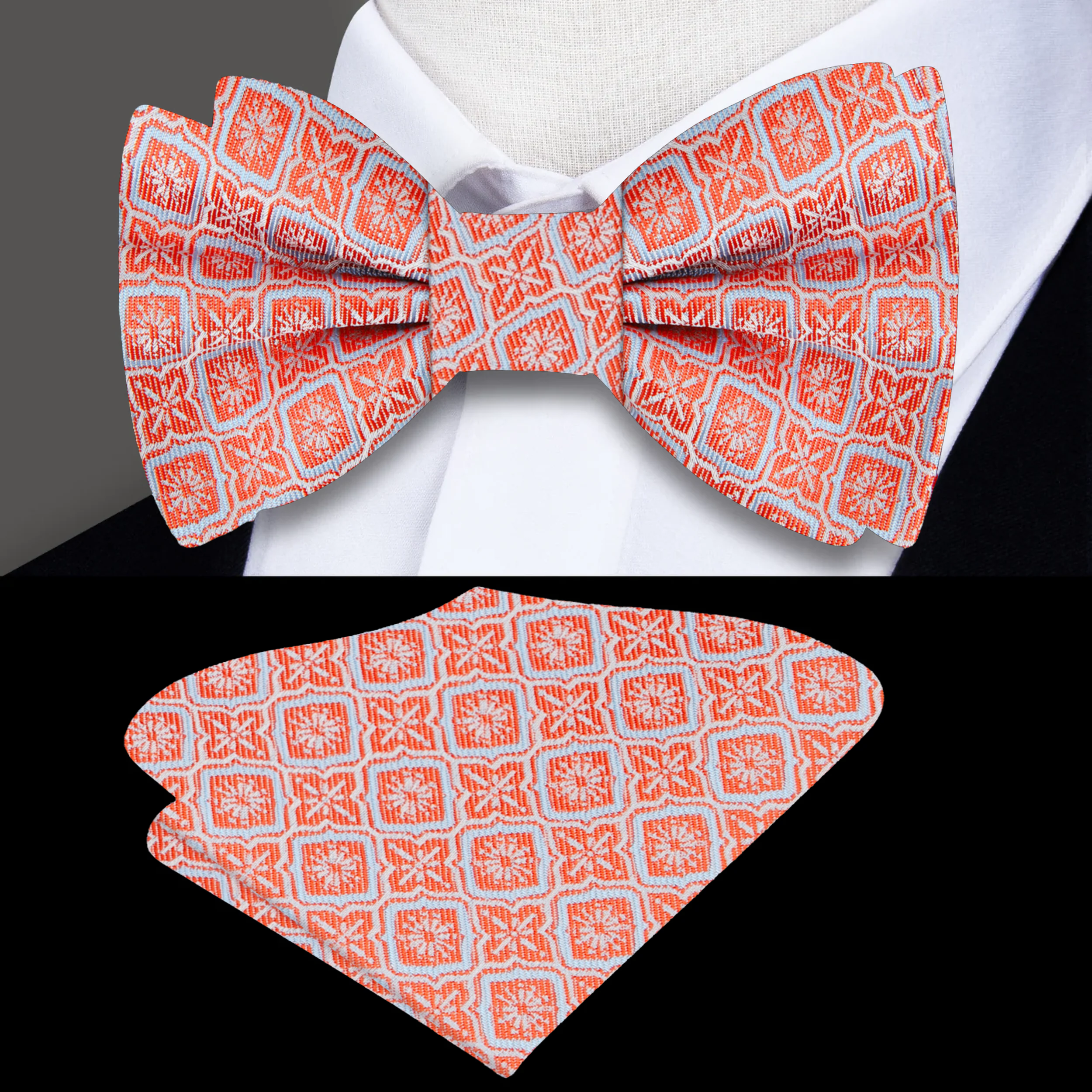Close-up of the vibrant geometric silk bow tie showcasing the intricate pattern and colors.