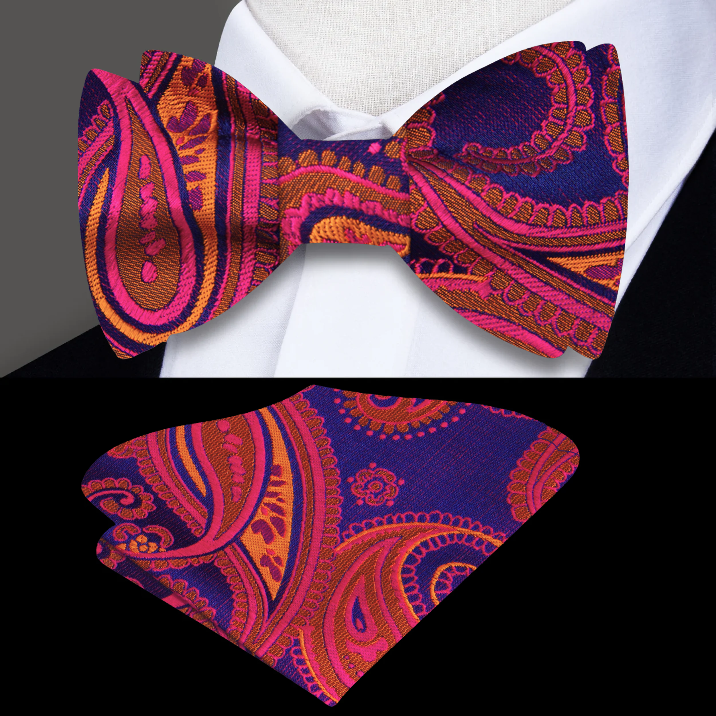 Man adjusting self-tie bow tie with matching pocket square at wedding