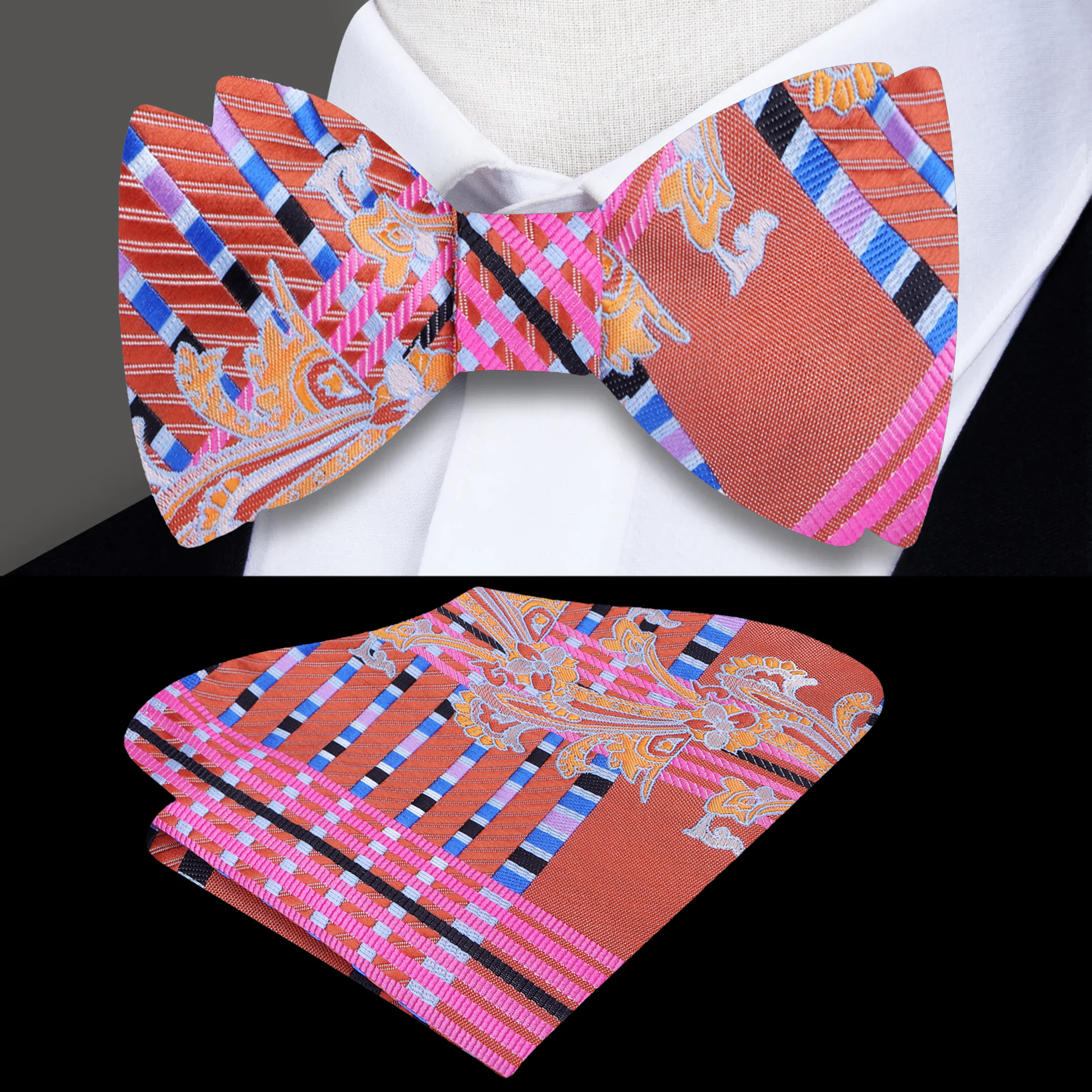 Elegant paisley silk bow tie styled with a white dress shirt, suitable for weddings and formal events