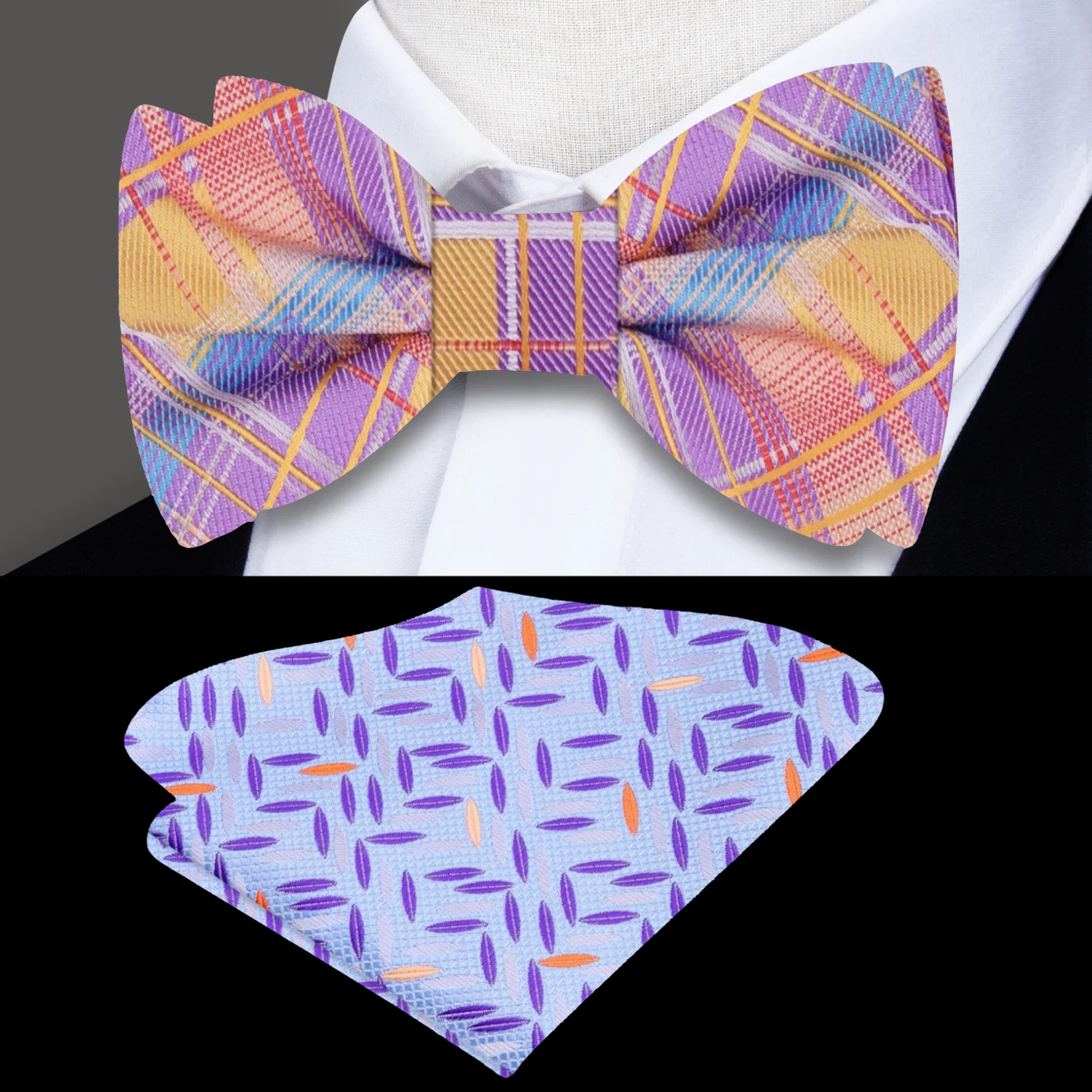 Vibrant plaid bow tie in orange, blue, and purple for men's formalwear