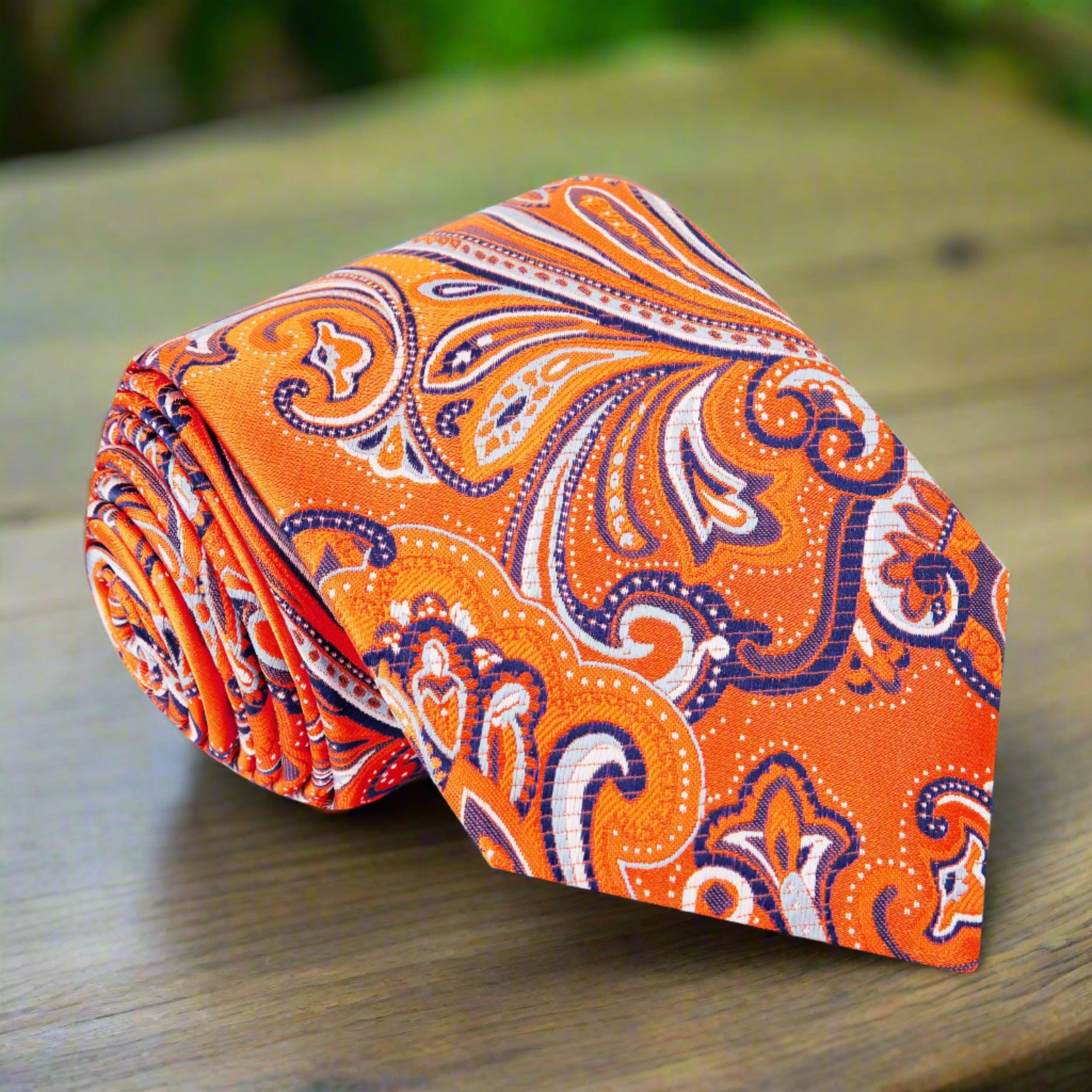 Vibrant orange paisley silk tie with detailed pattern for weddings and galas