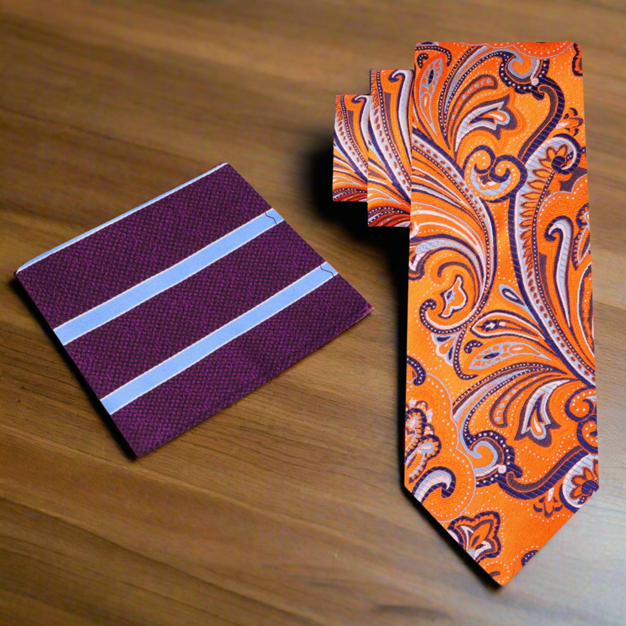Mens formal silk tie for galas in bright orange and purple hues