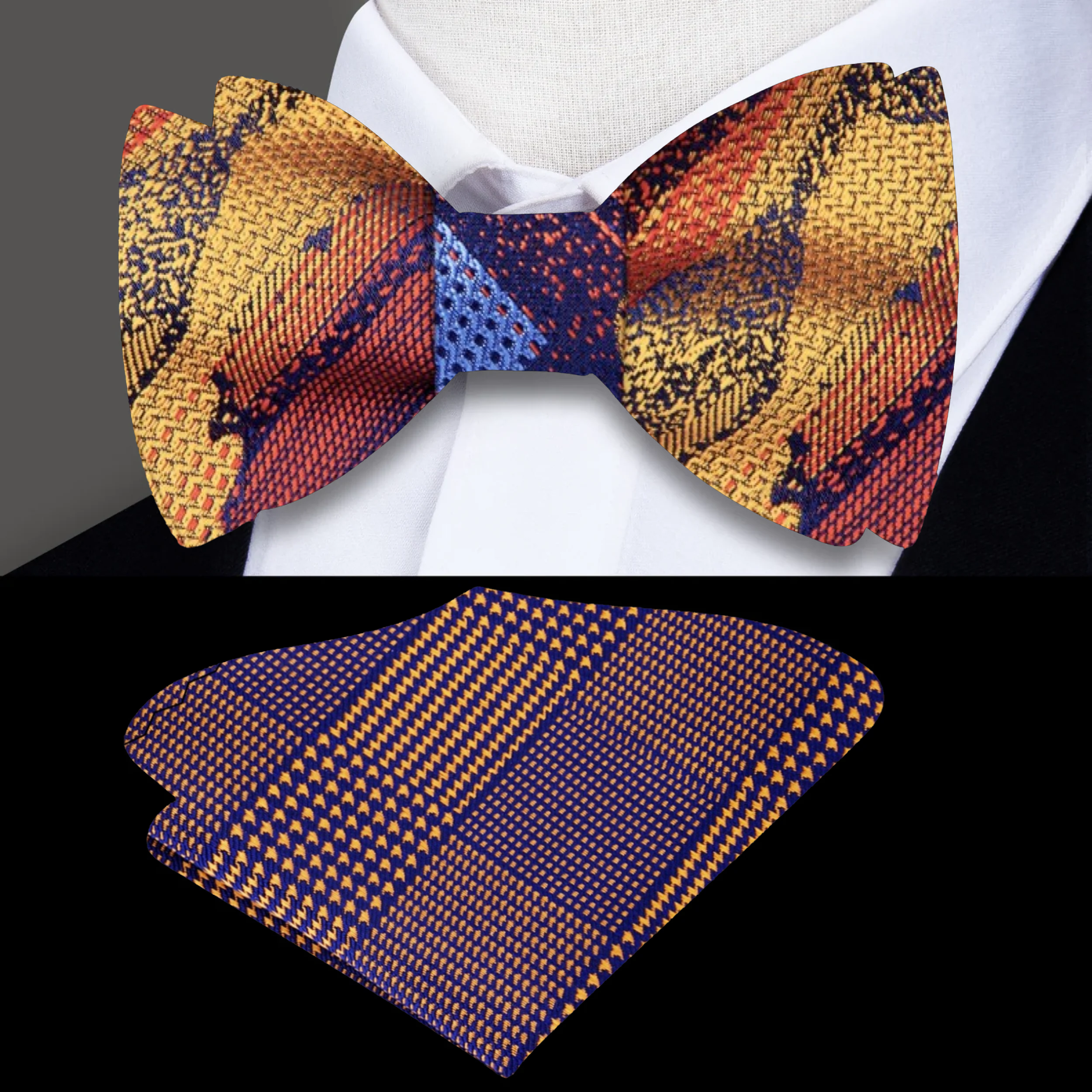 Abstract Elegance Silk Bow Tie showcasing vibrant orange, blue, and red patterns for a unique style.
