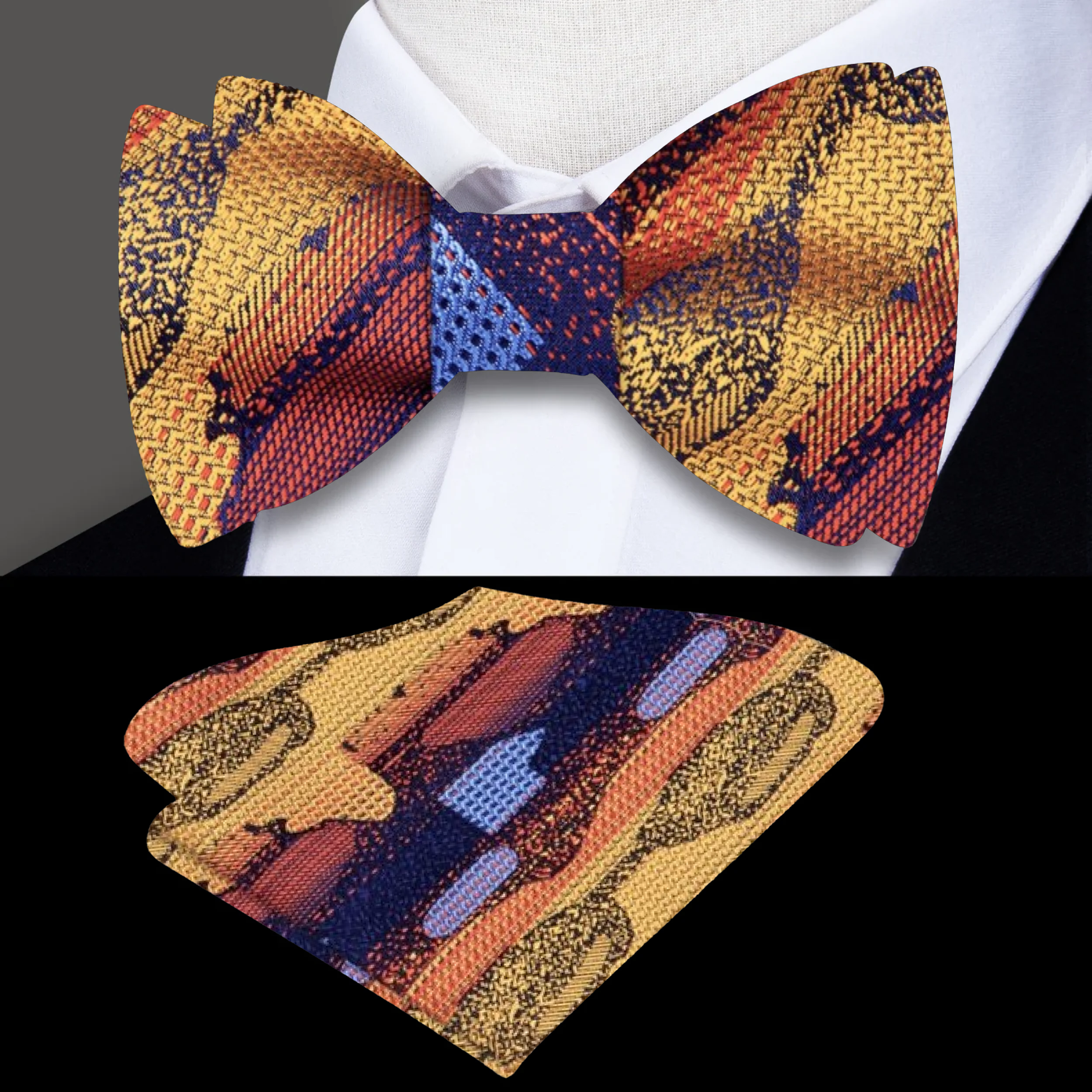 Luxury bow tie and pocket square set displayed against a formal attire background, perfect for weddings.