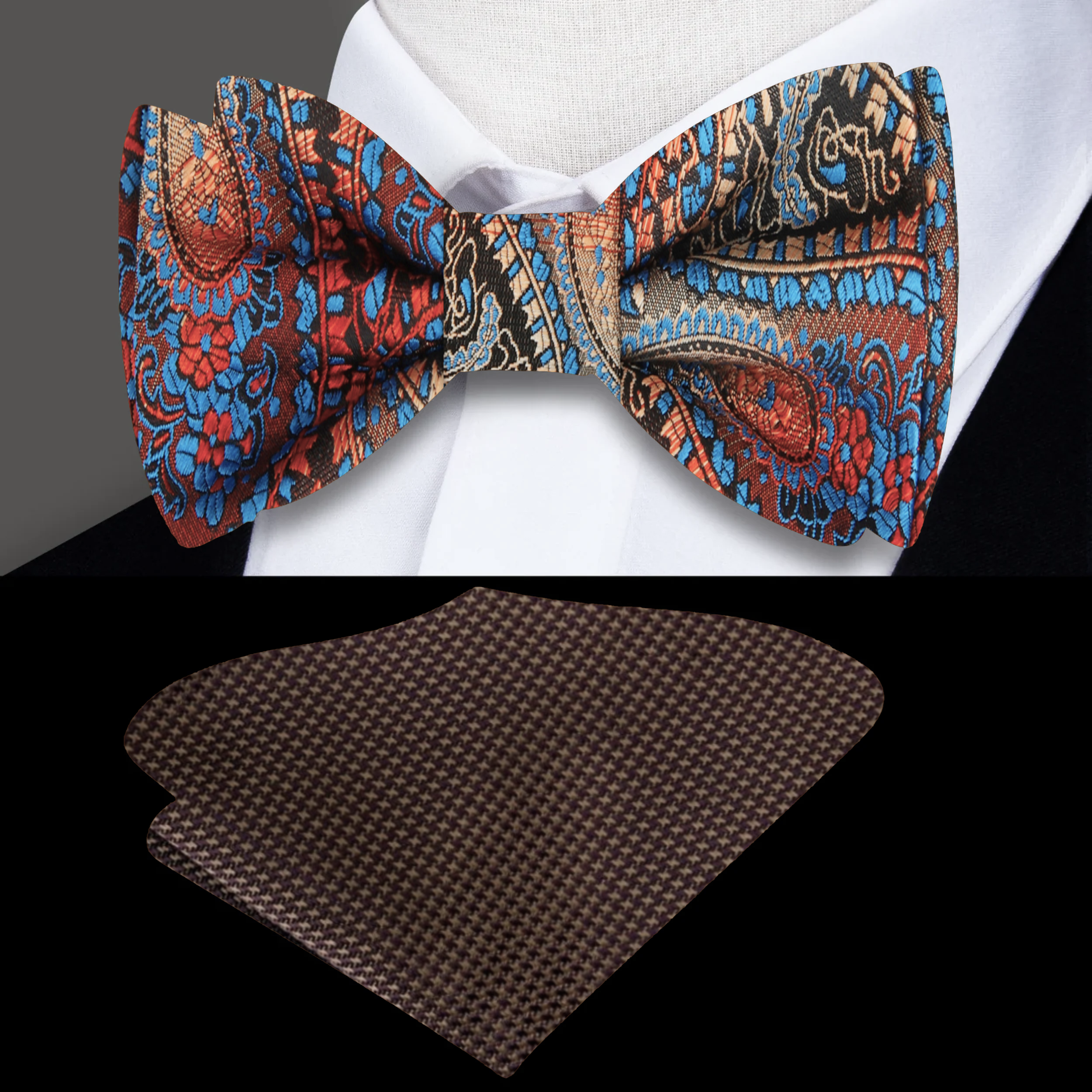 Close-up view of luxurious paisley self-tie bow tie showcasing intricate patterns.