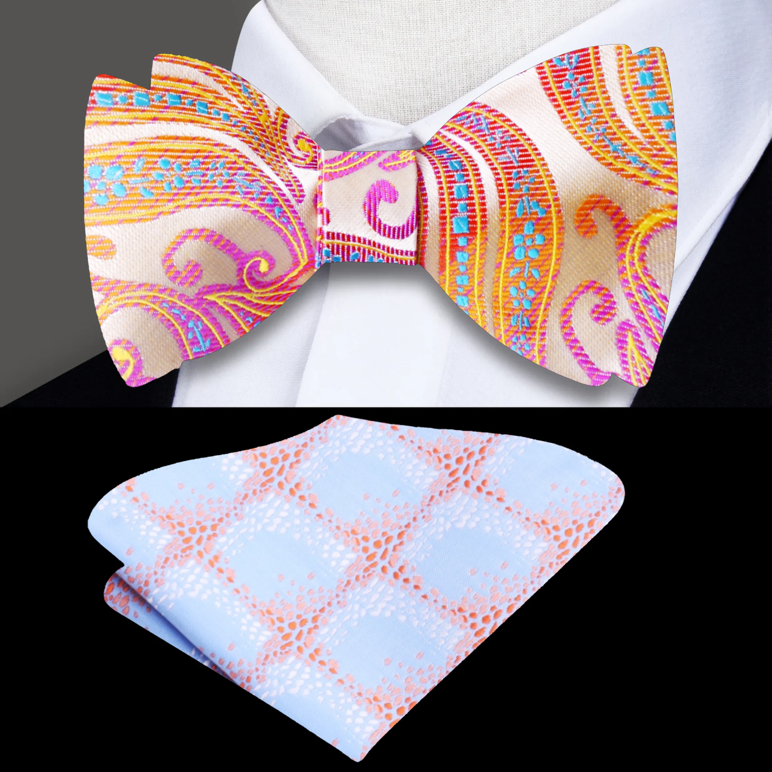 Close-up of Sunset Mirage Self-Tie Bow Tie showcasing abstract pattern in bright colors