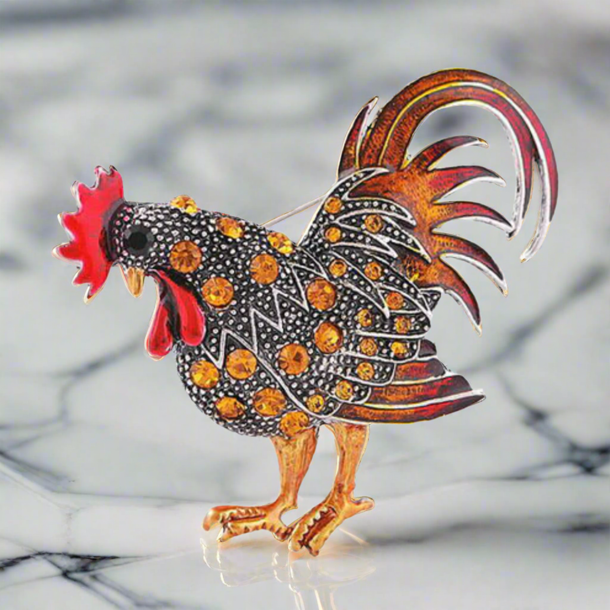Styled image of a gemstone animal lapel pin attached to a blazer, highlighting its luxurious appearance