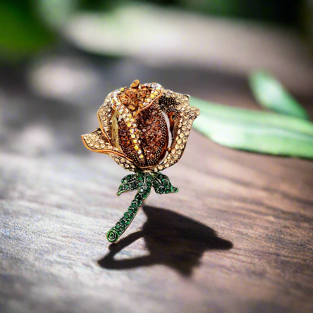 Rose lapel pin displayed with a navy blue suit, a perfect accessory for weddings.
