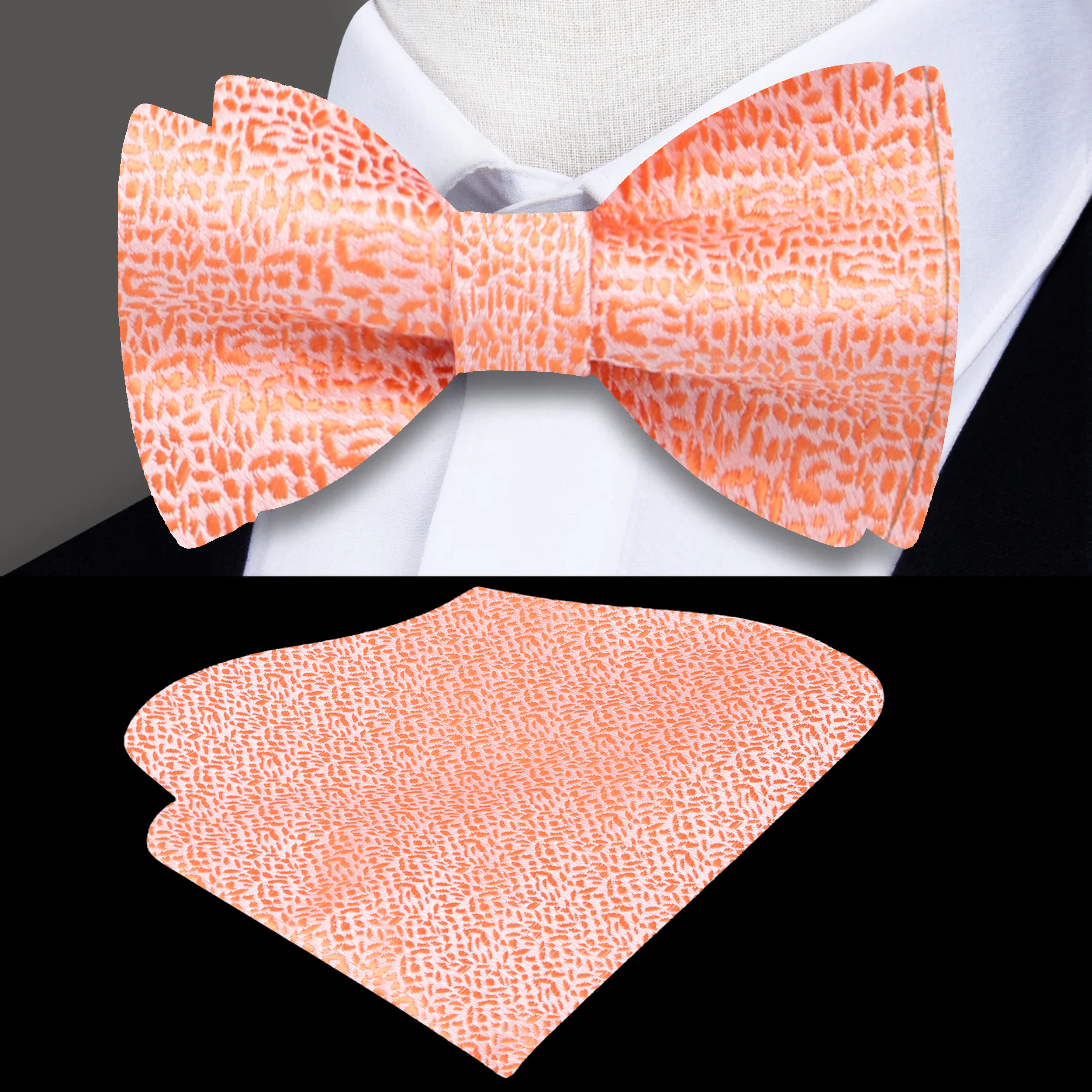 Styled image of a pink textured bow tie paired with a light blue shirt, perfect for outdoor gatherings.