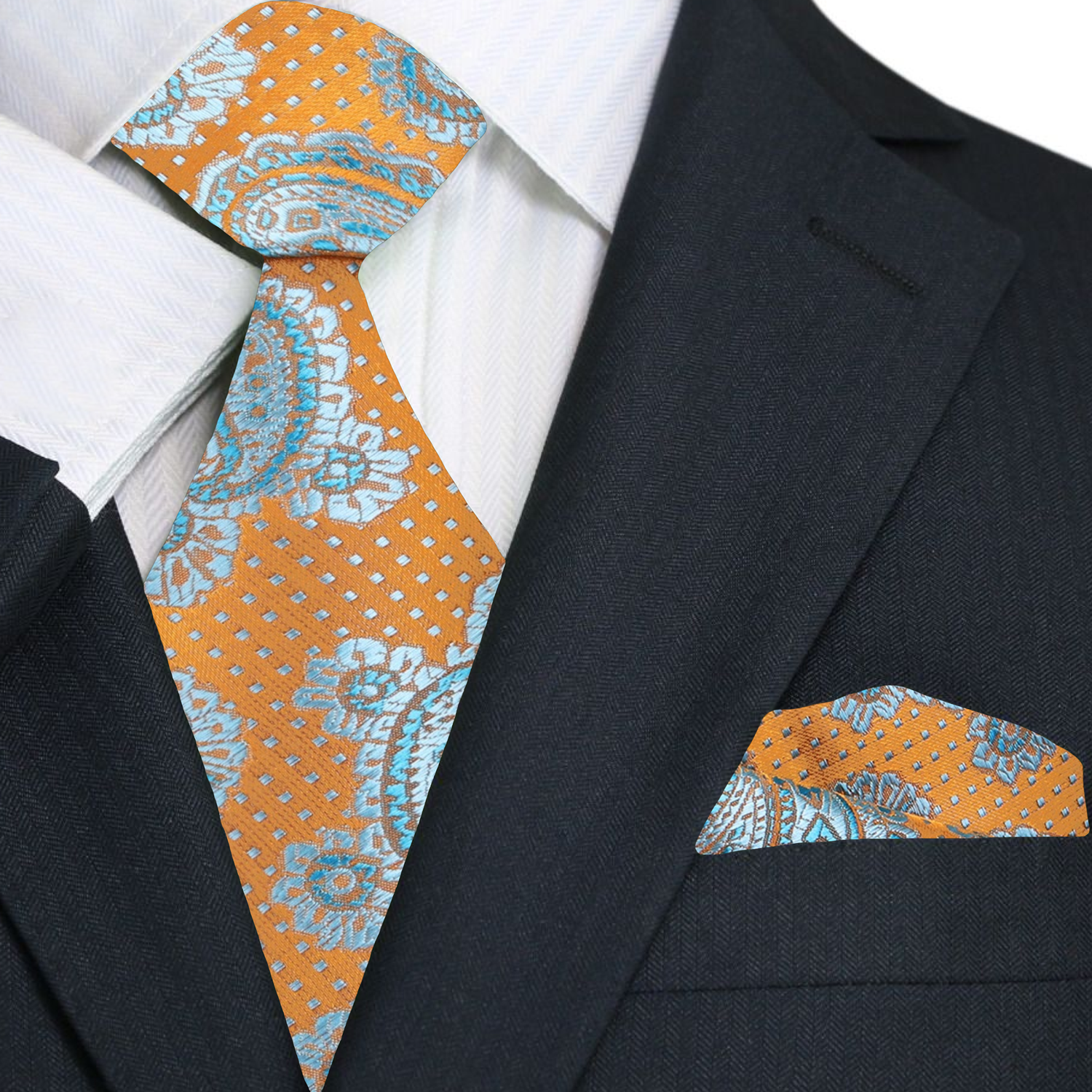 Close-up of vibrant orange paisley necktie showcasing intricate patterns