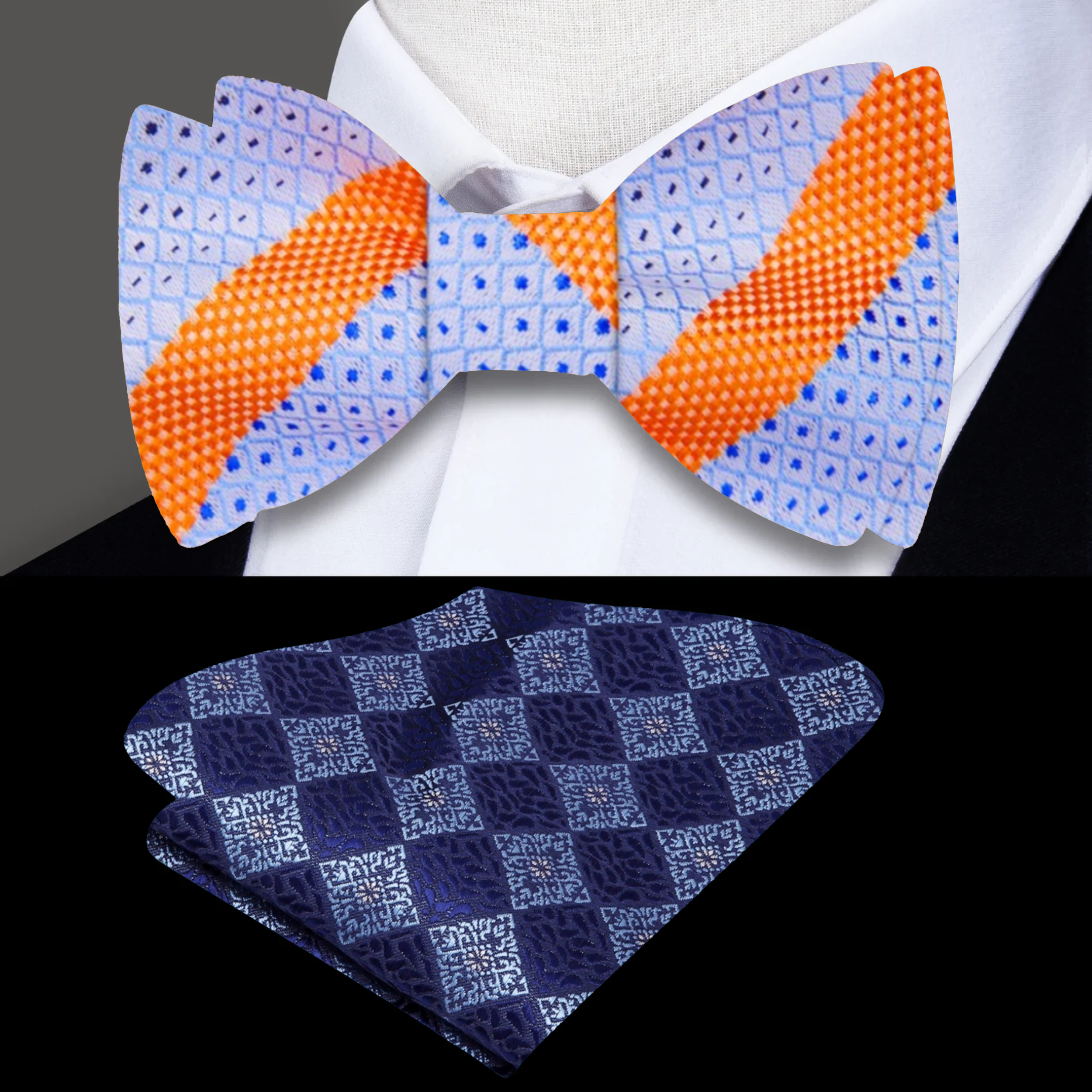 Front view of the Ashby striped bow tie in vibrant blue and orange colors