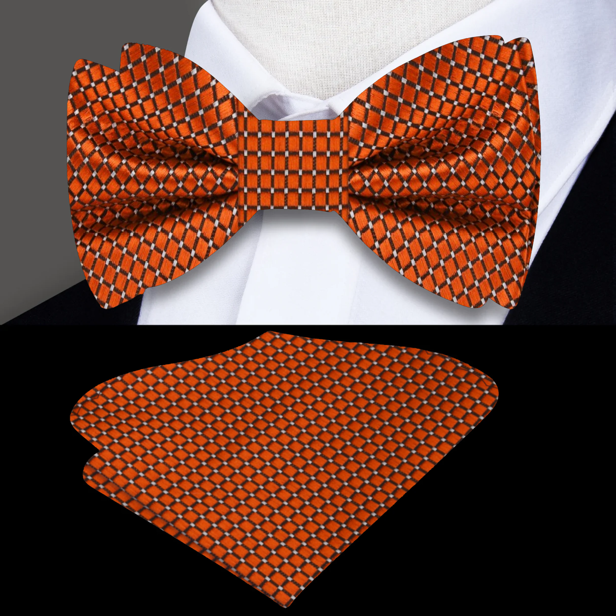 Front view of the copper orange geometric silk bow tie showcasing its intricate pattern.