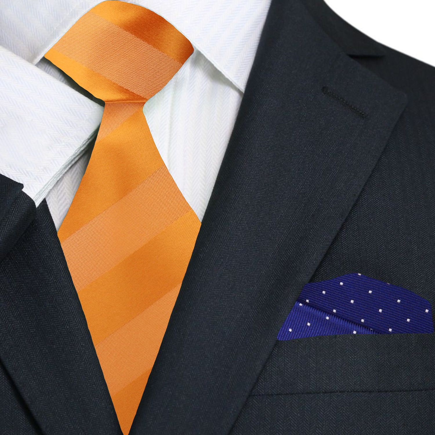 Product display of orange silk necktie and matching pocket square set
