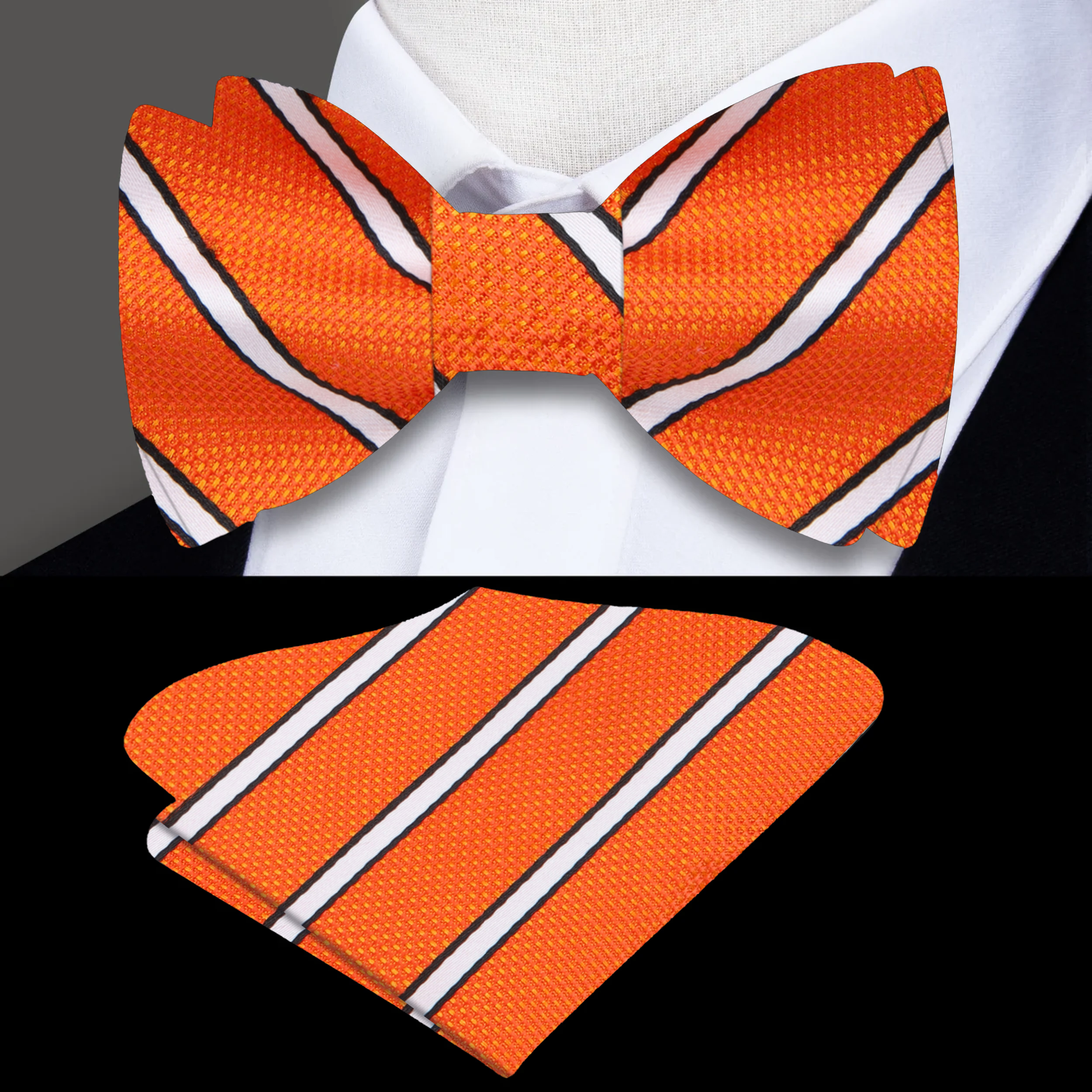 Self tie bow tie styled with a crisp white dress shirt and navy blue suit, perfect for formal occasions.
