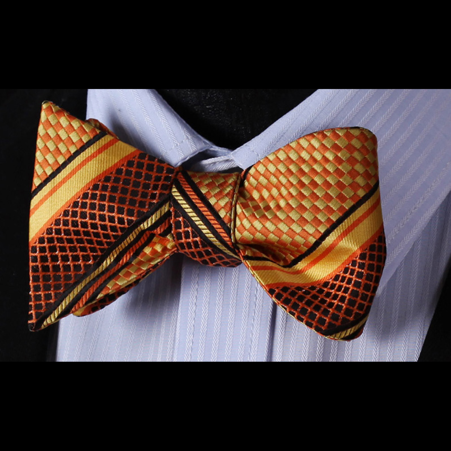 Close-up of the textured check pattern on a silk bow tie