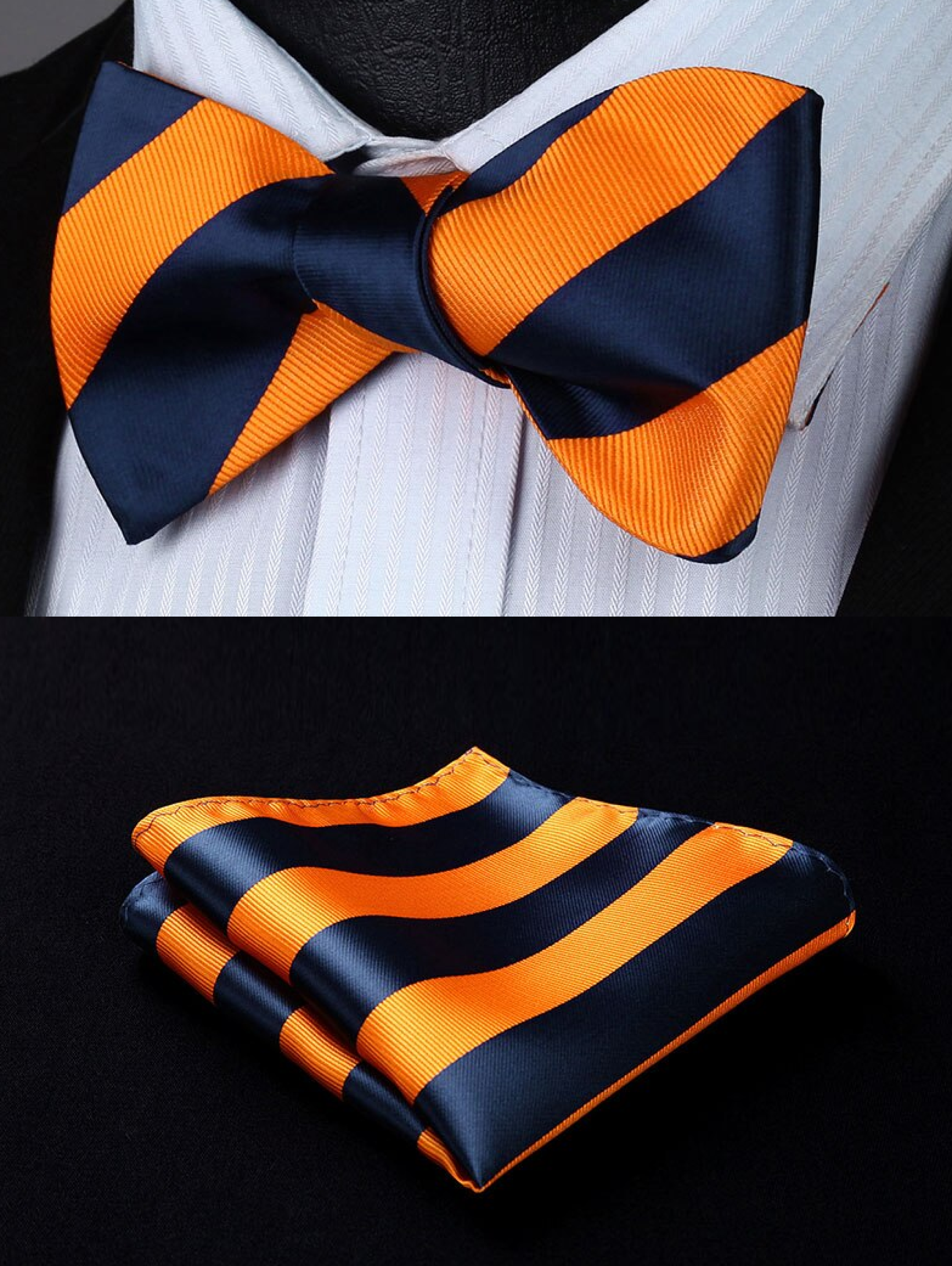 Close-up of a striped silk bow tie in vibrant blue and orange for wedding accessories