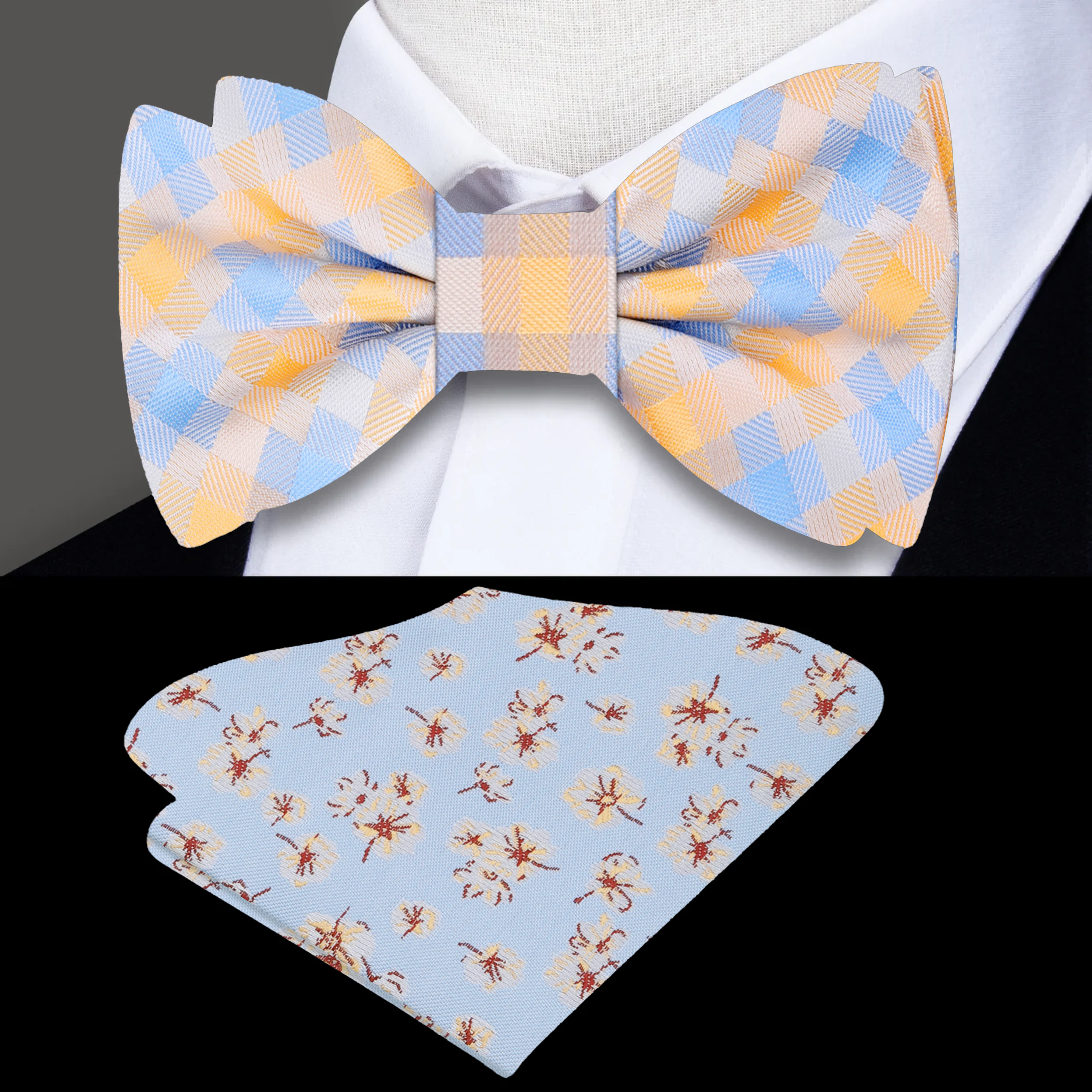 Close-up of vibrant plaid silk bow tie with orange and blue patterns