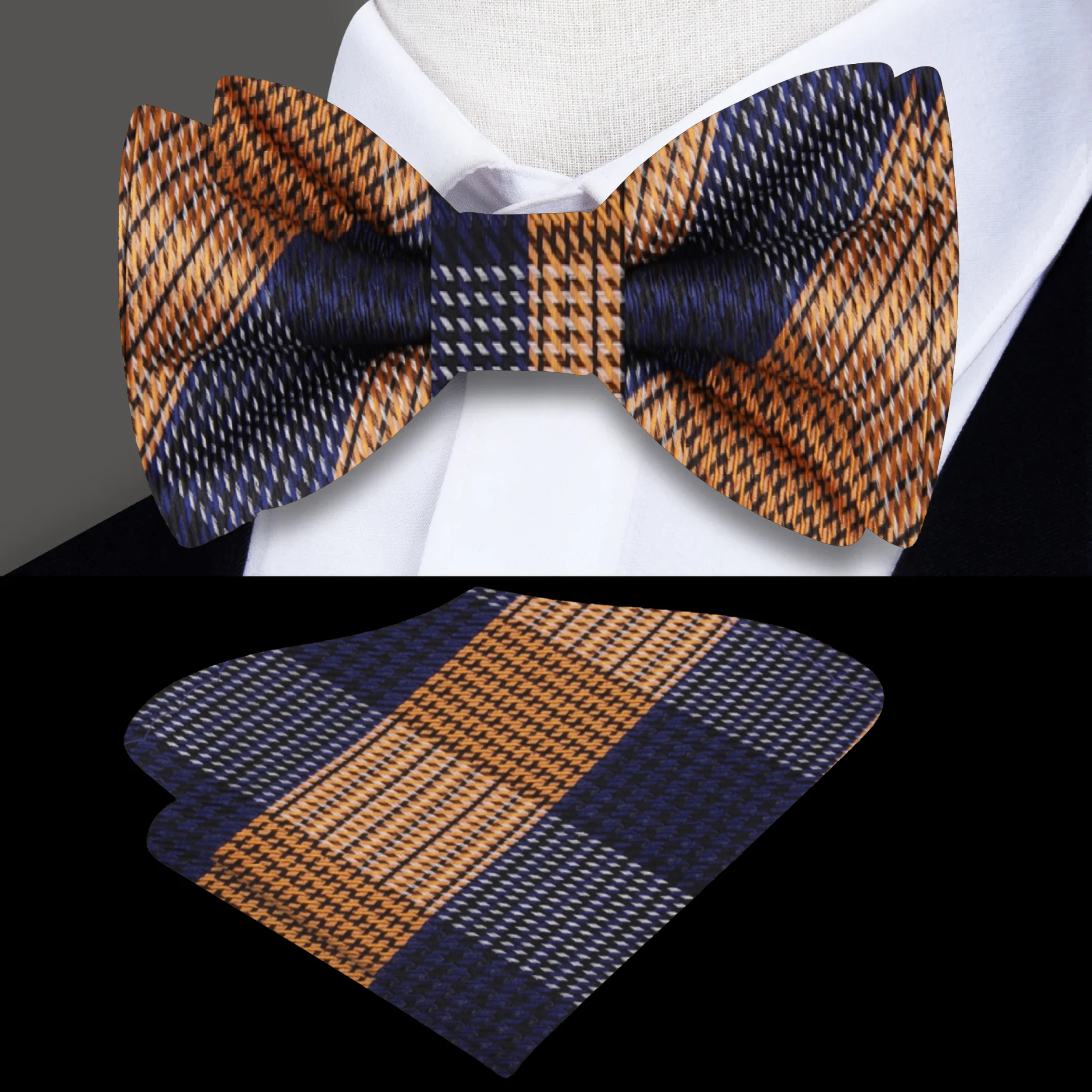 Close-up of the plaid bow tie paired with a navy blue suit, perfect for formal events.