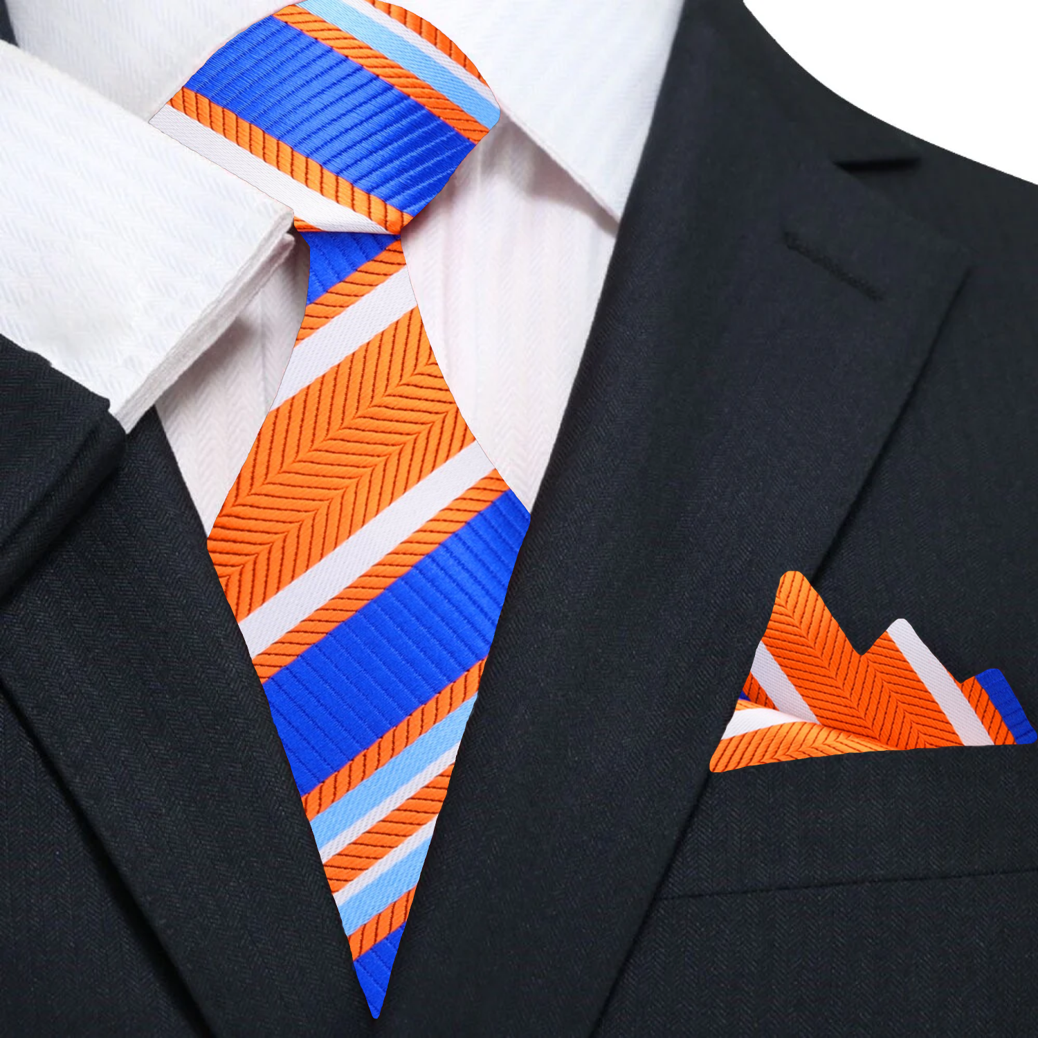 Detail shot of the silk fabric and bold stripes of the necktie