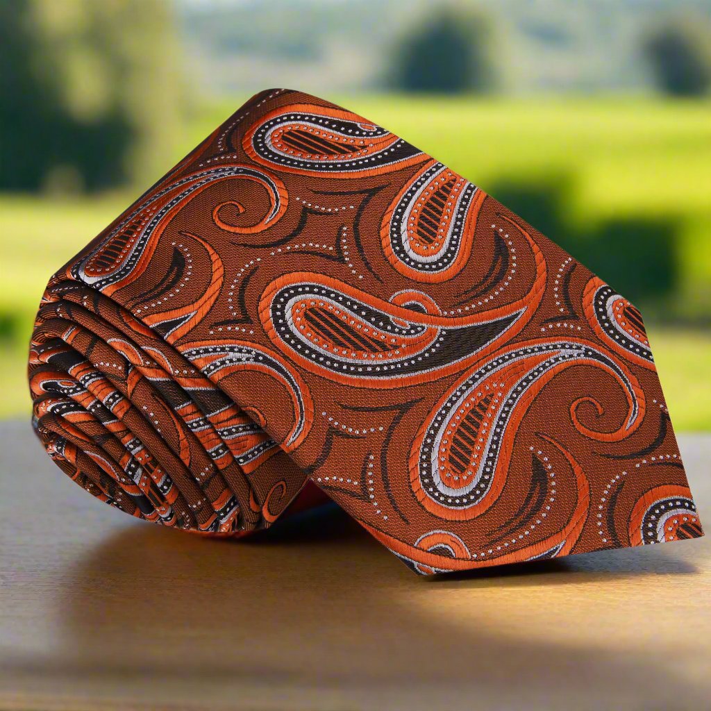 Close-up of Copperwood paisley tie showcasing intricate design and vibrant colors