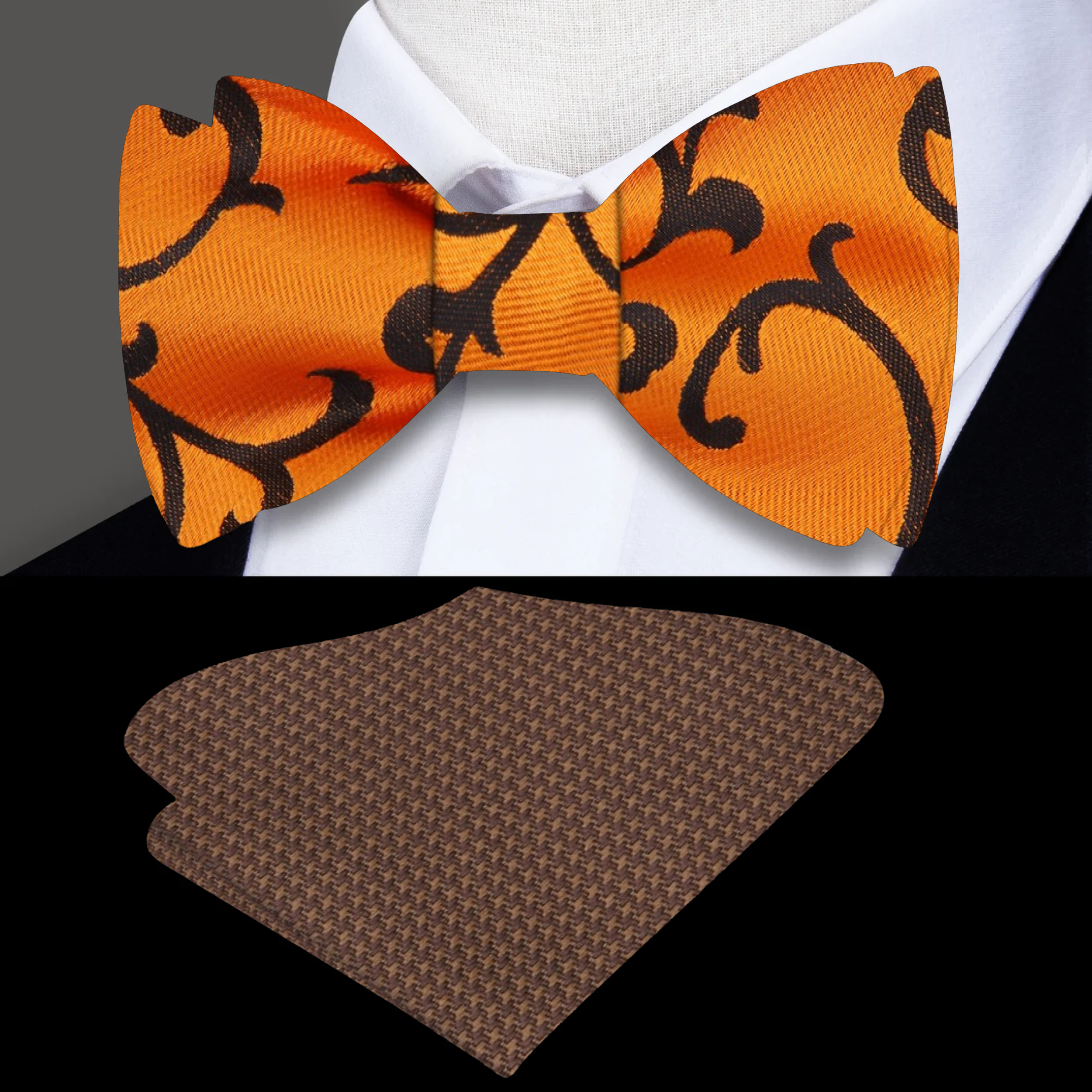 Close-up of orange silk bow tie with brown vine pattern, ideal for fall weddings