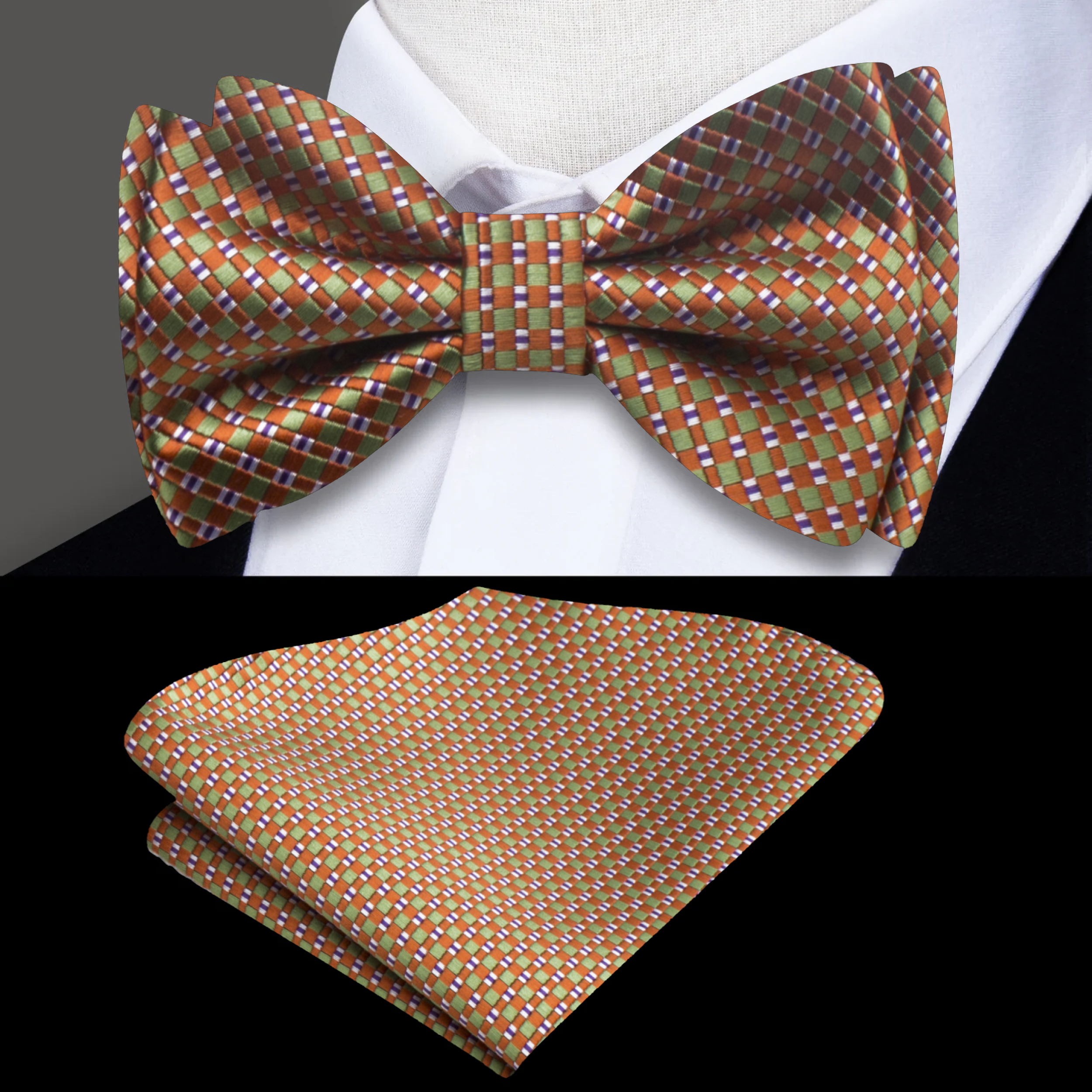Close-up of the orange and green geometric kids bow tie, showcasing its vibrant colors and pre-tied design.