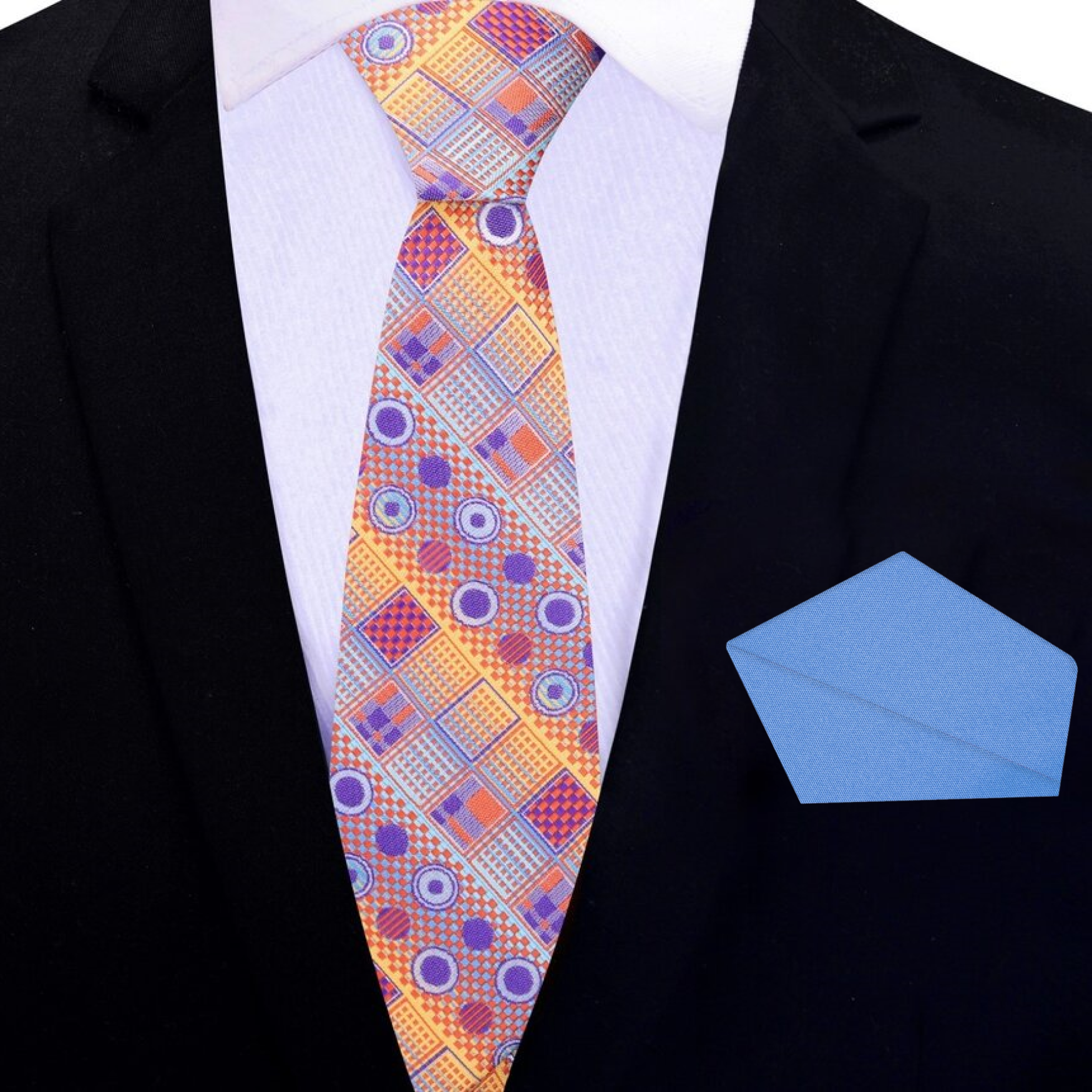Silk necktie displayed with a light grey dress shirt and charcoal suit, perfect for cocktail parties.