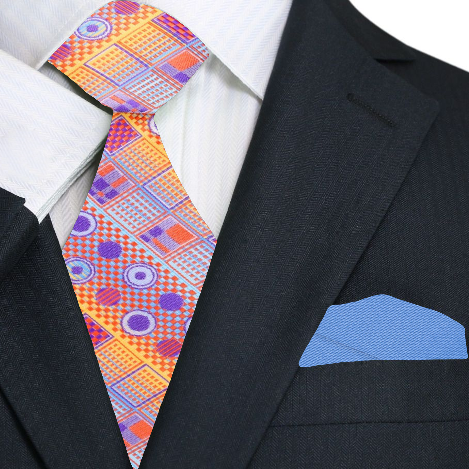 Abstract silk tie worn with a white dress shirt and navy blue suit for a corporate look.