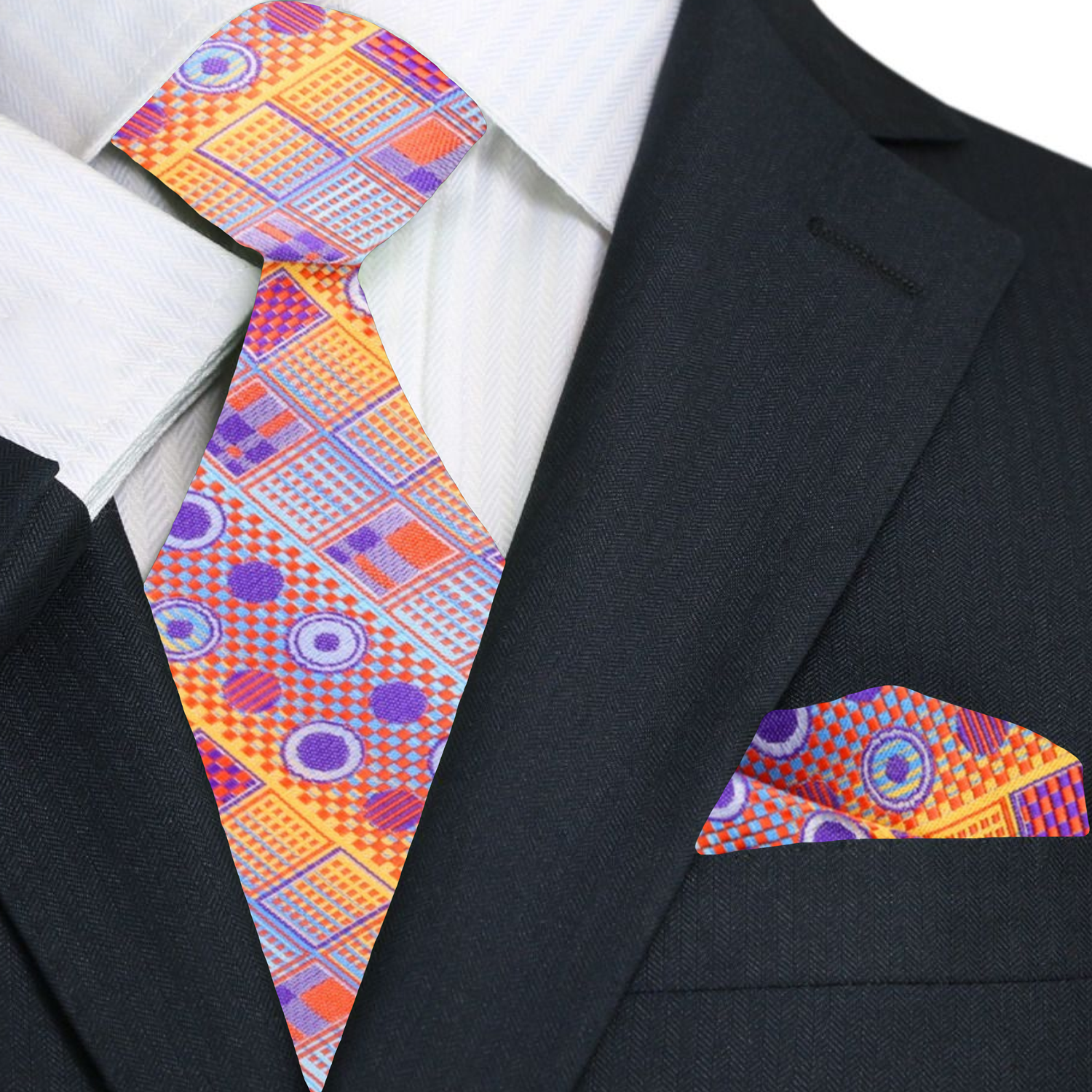 Close-up of the stylish necktie with abstract pattern showcasing orange and purple hues.