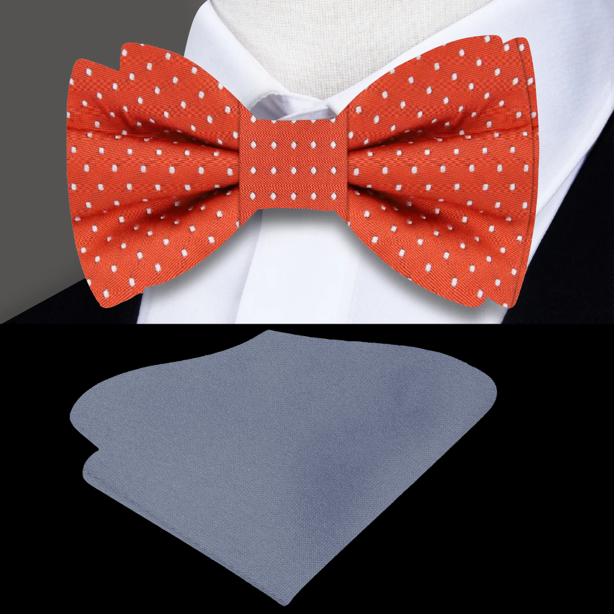 Vibrant orange polka dot bow tie displayed against a white background.