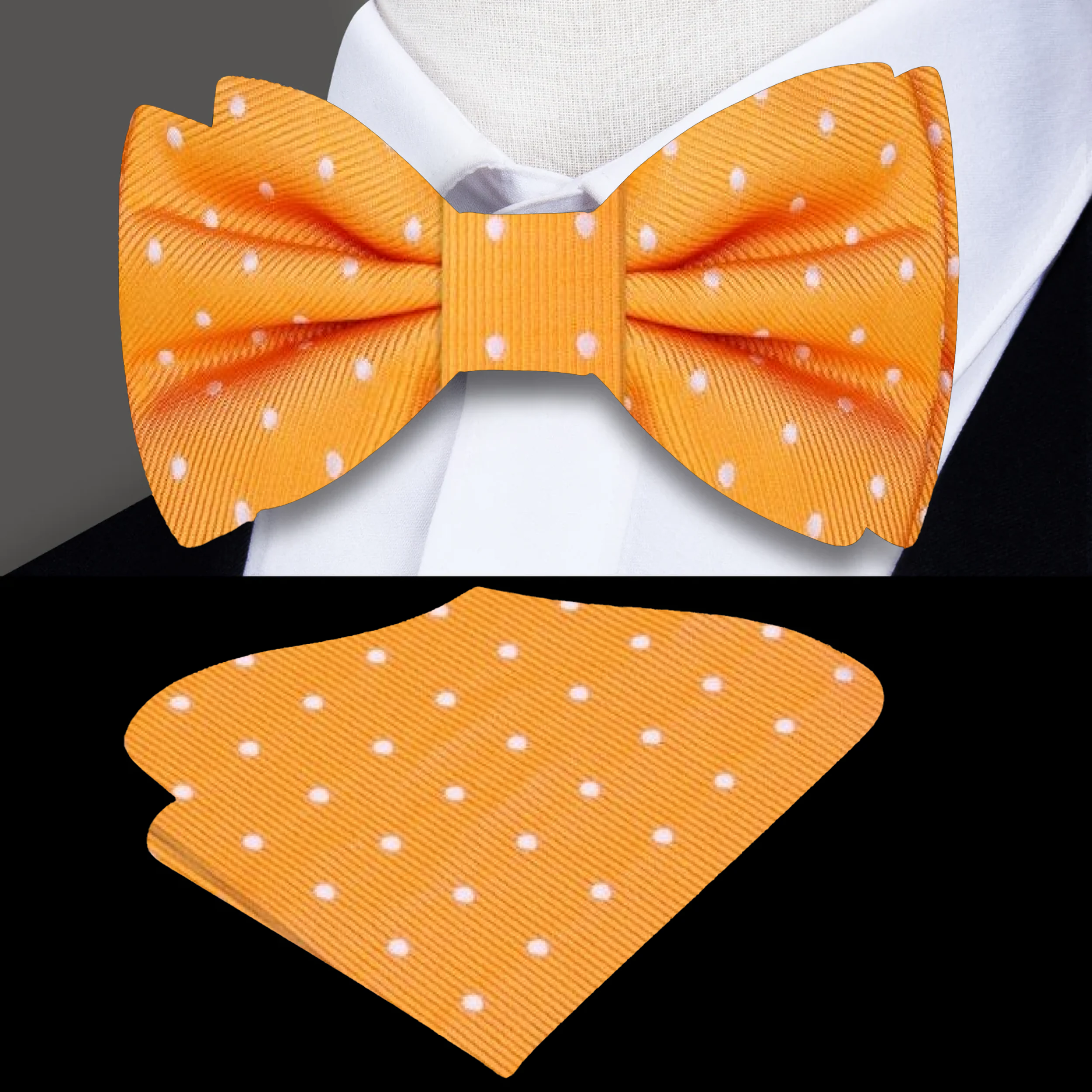 White polka dot silk bow tie and pocket square laid flat to show texture and craftsmanship