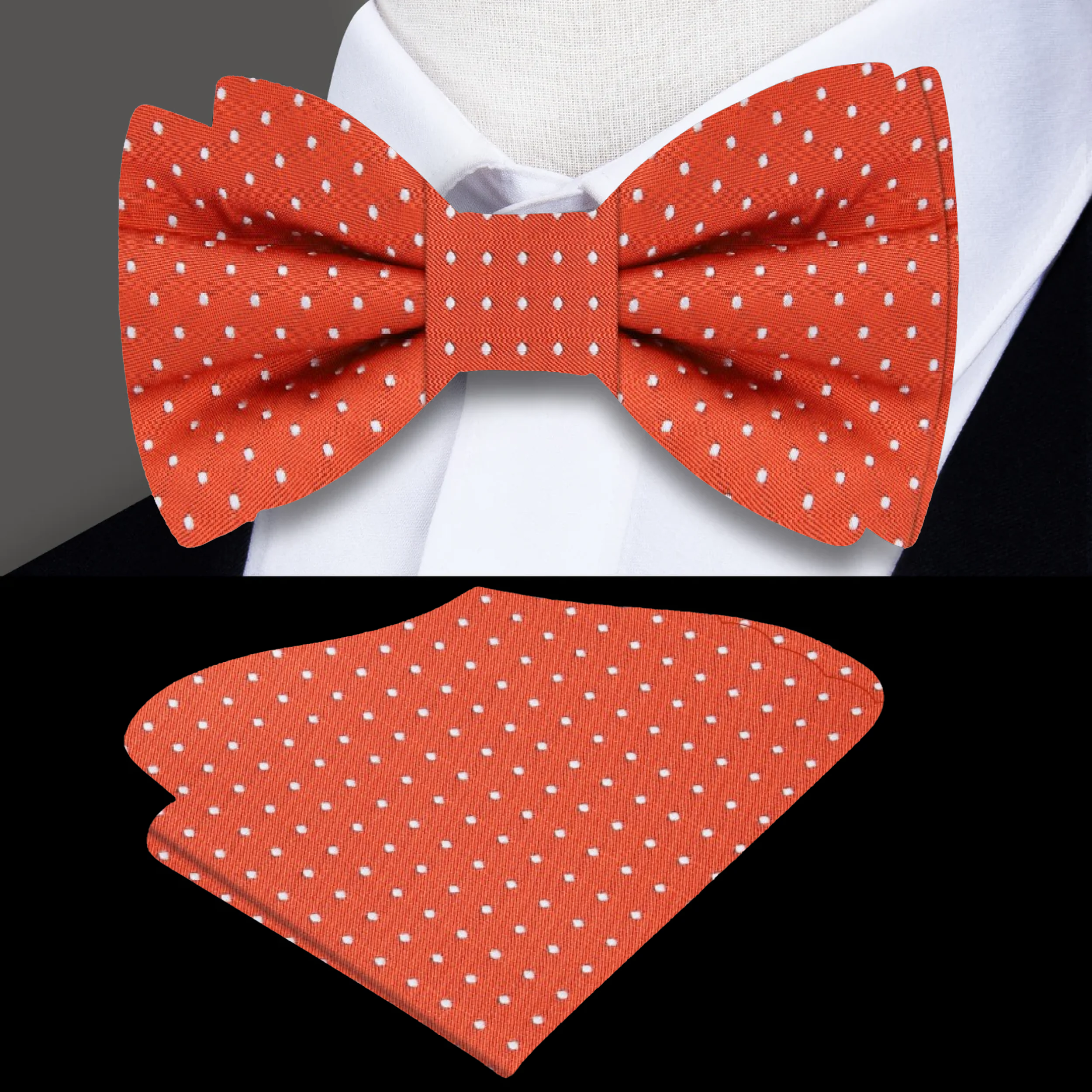 Close-up of the bow tie showcasing the intricate polka dot pattern.