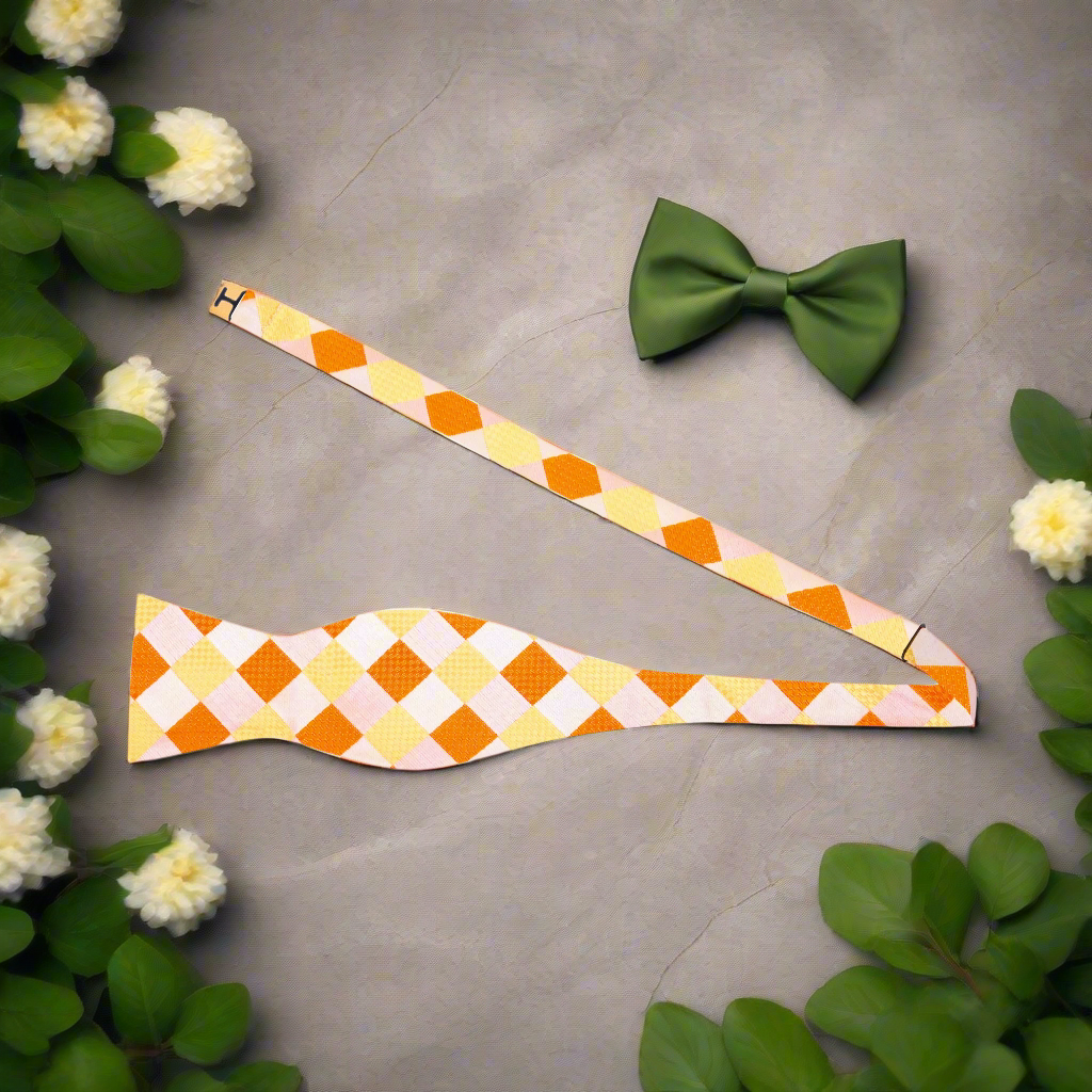 Yellow and blue plaid silk bow tie elegantly displayed on a white background.