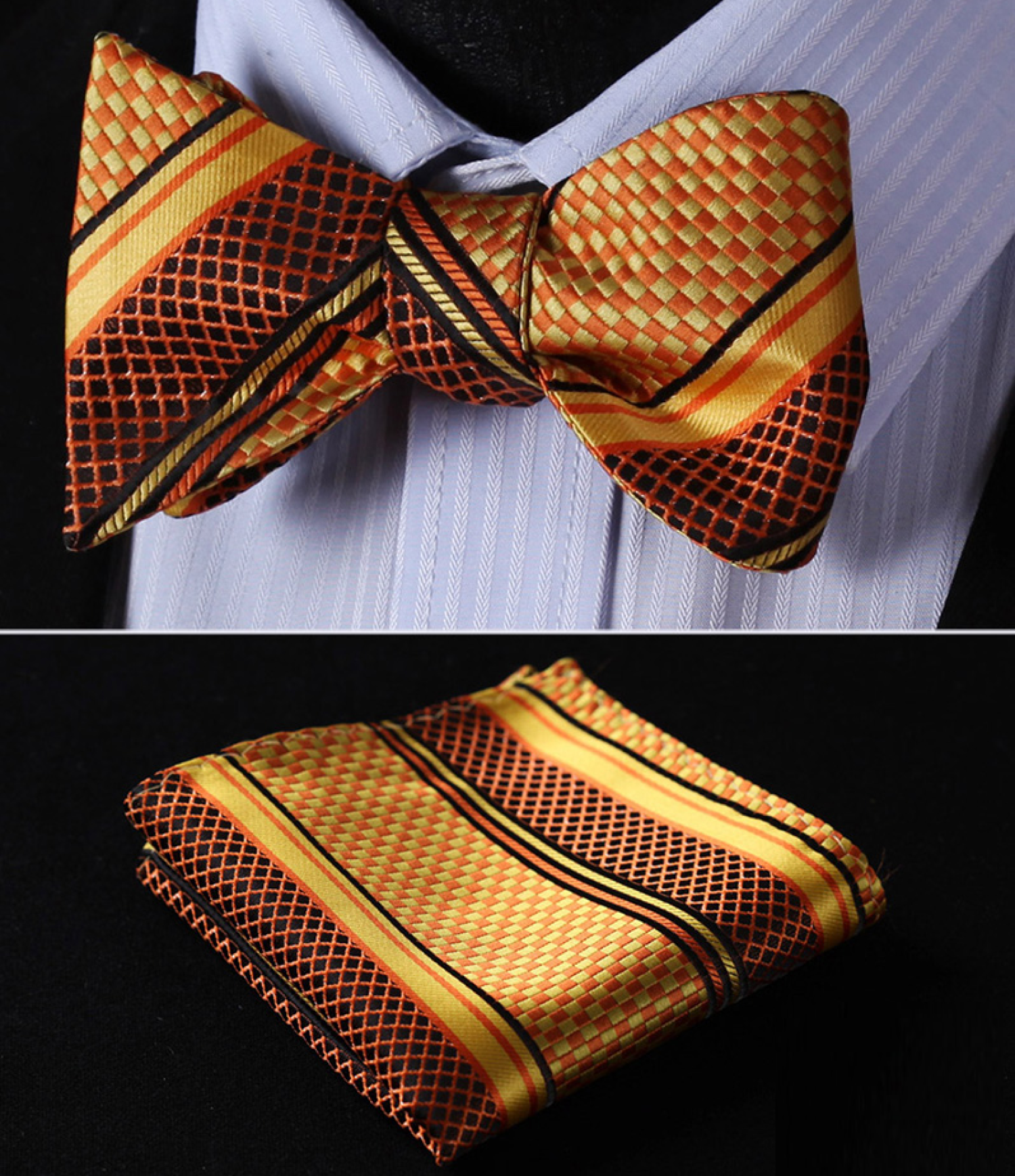 Men wearing a silk bow tie with a formal suit at a wedding