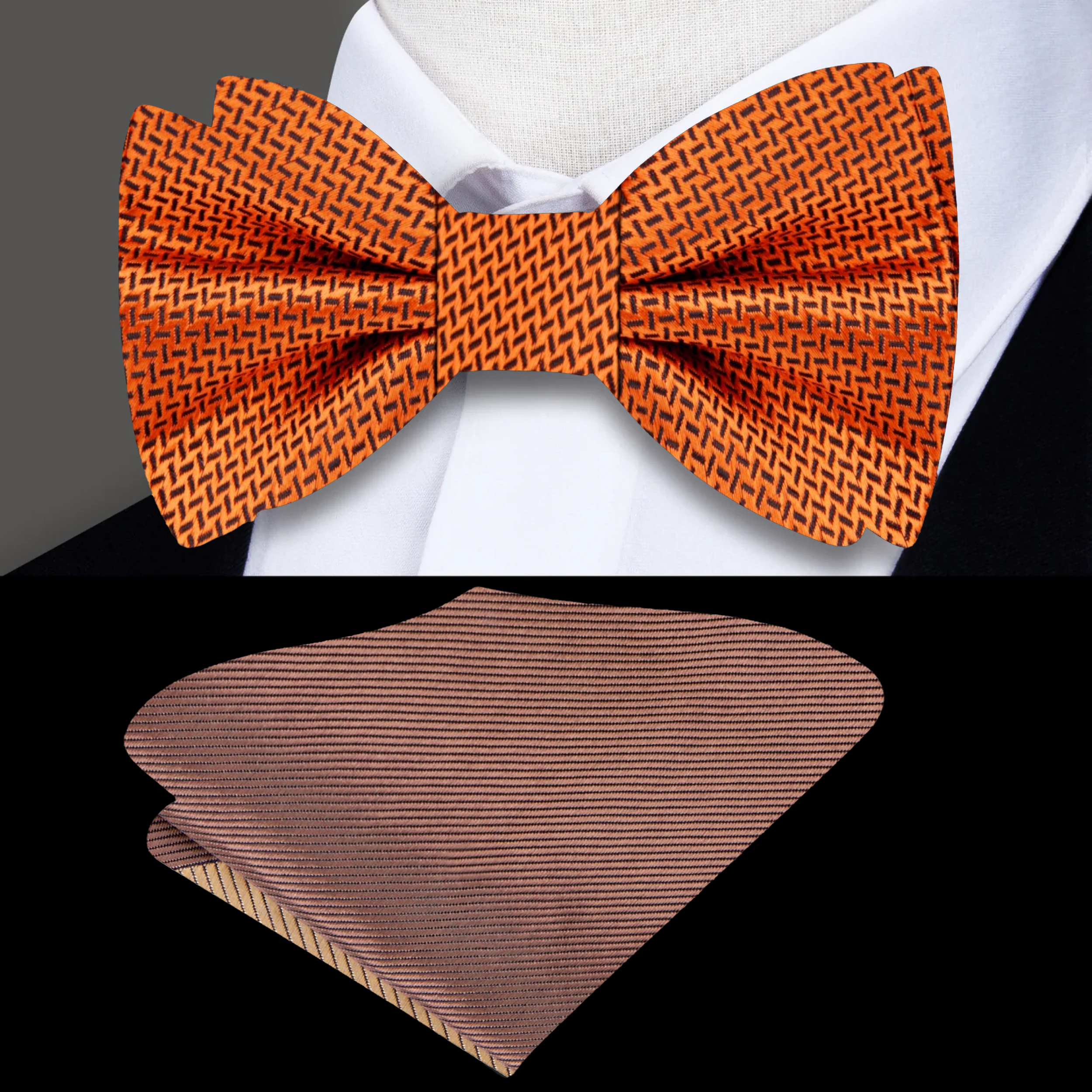 Close-up of the Cider Canyon Elegance Bow Tie highlighting its silk texture and intricate crosshatch pattern.