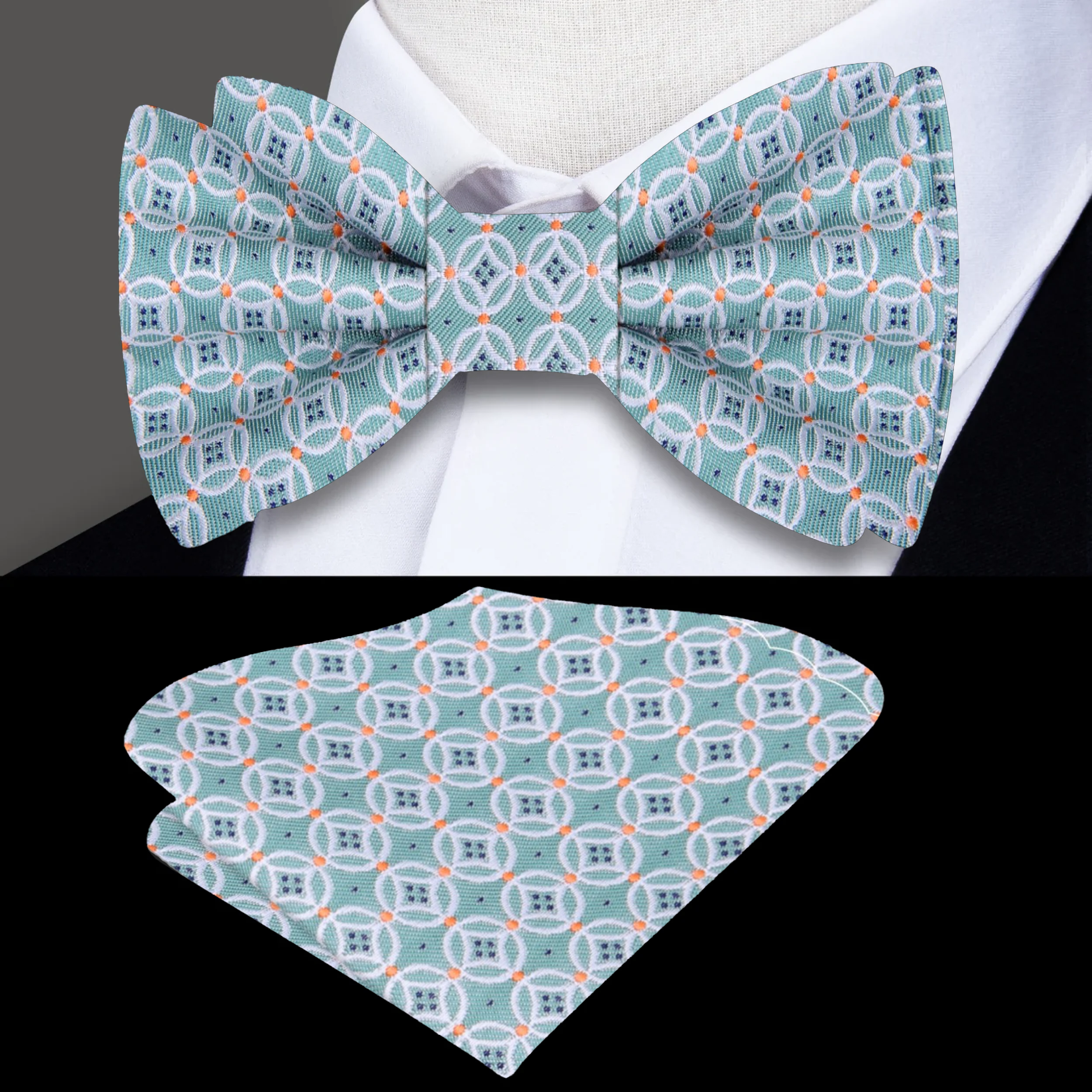 Close-up of pink geometric bow tie with colorful pattern for weddings